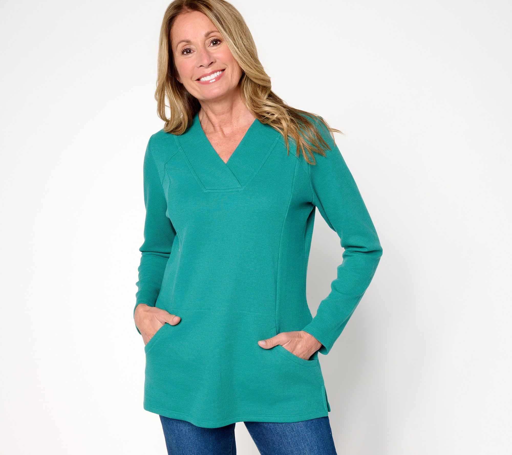 "As Is" Denim & Co. Petite Waffle Knit Crossover V-Neck Tunic