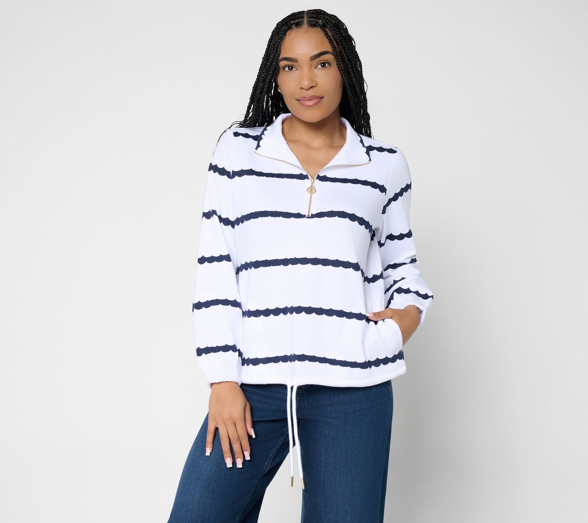 "As Is" Belle by Kim Gravel Makin Waves Scallop Stripe Half Zip Top
