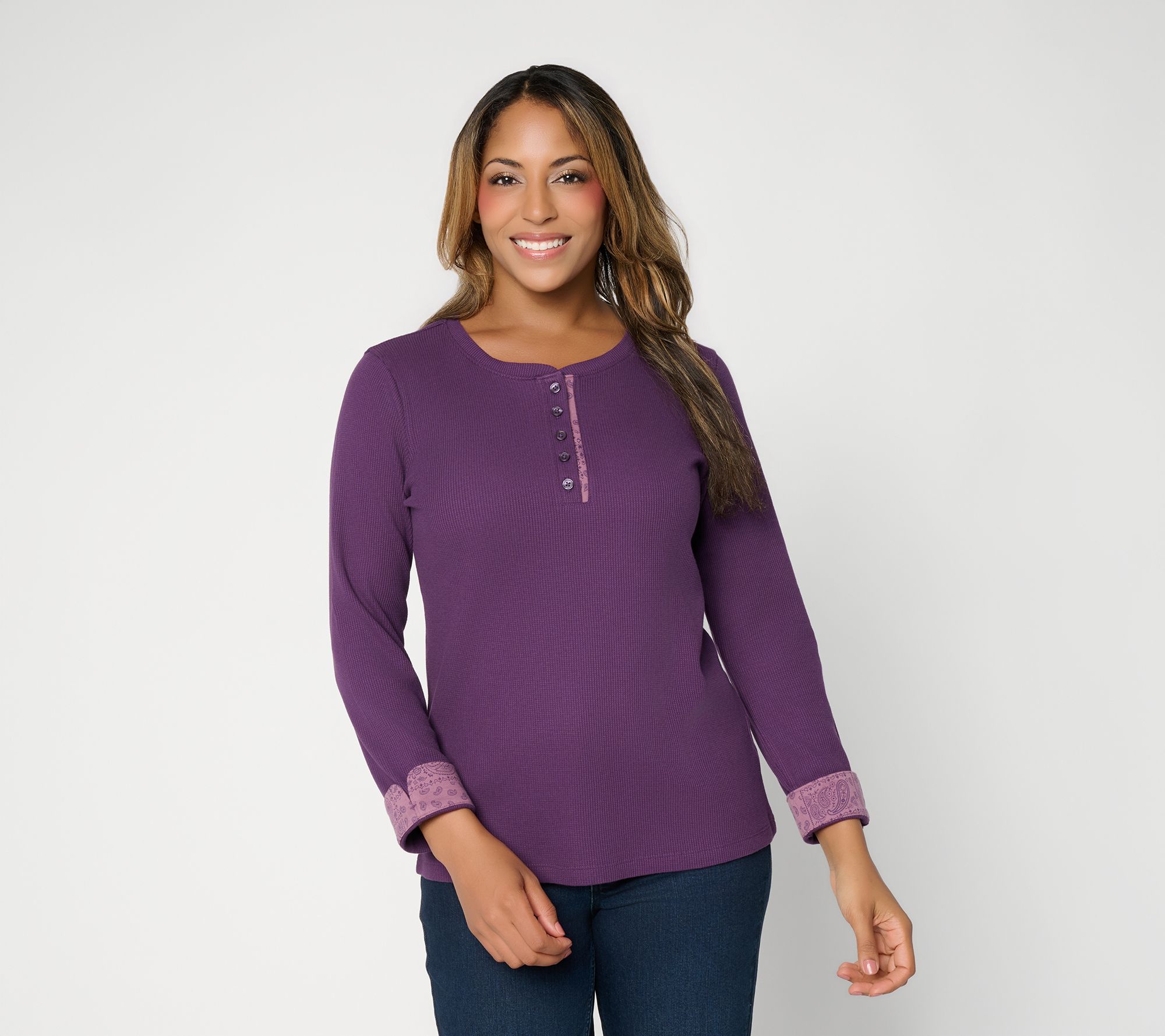 Denim & Co. Knit Long Sleeve Henley w/ Printed Details