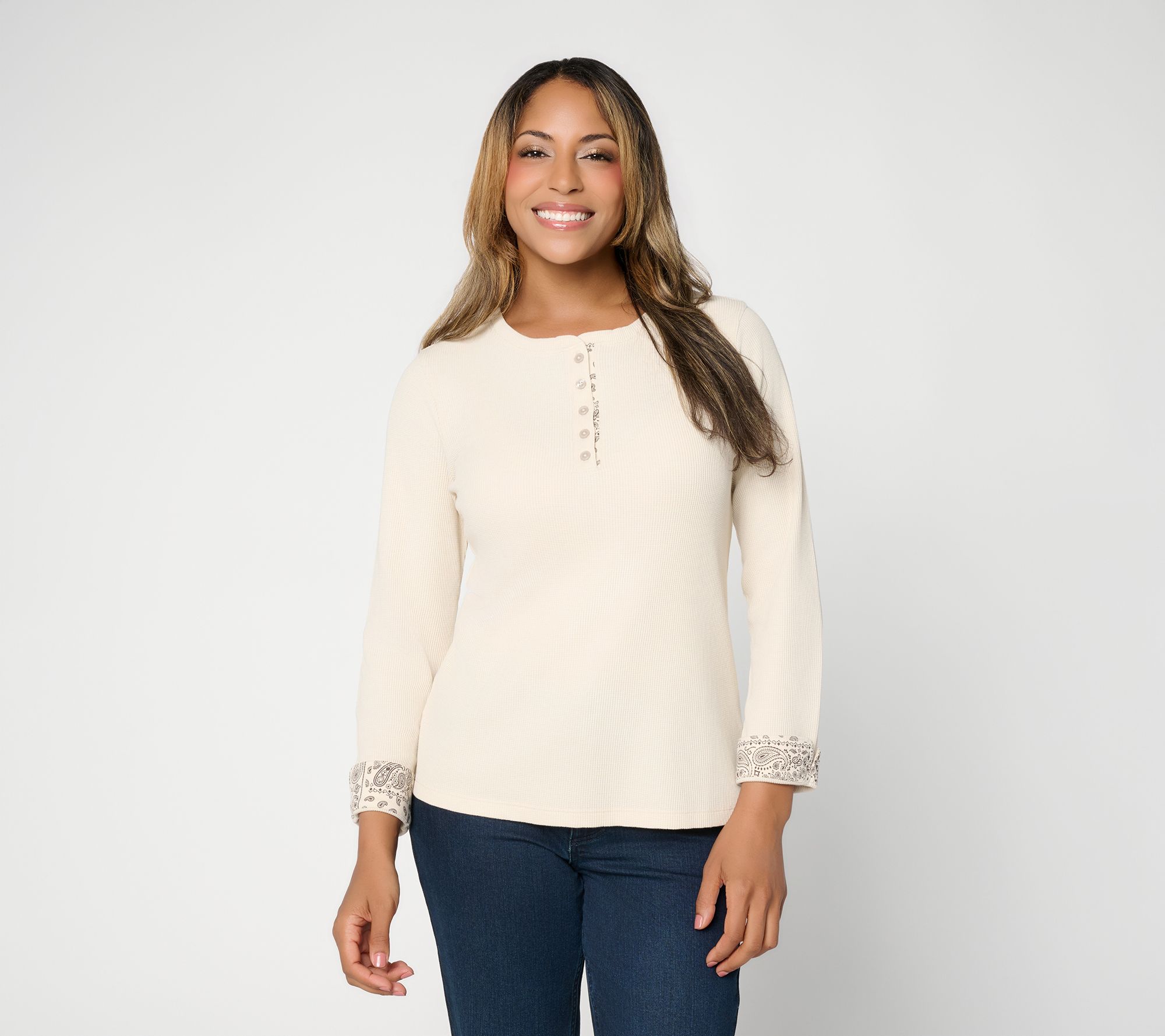 Denim & Co. Knit Long Sleeve Henley w/ Printed Details