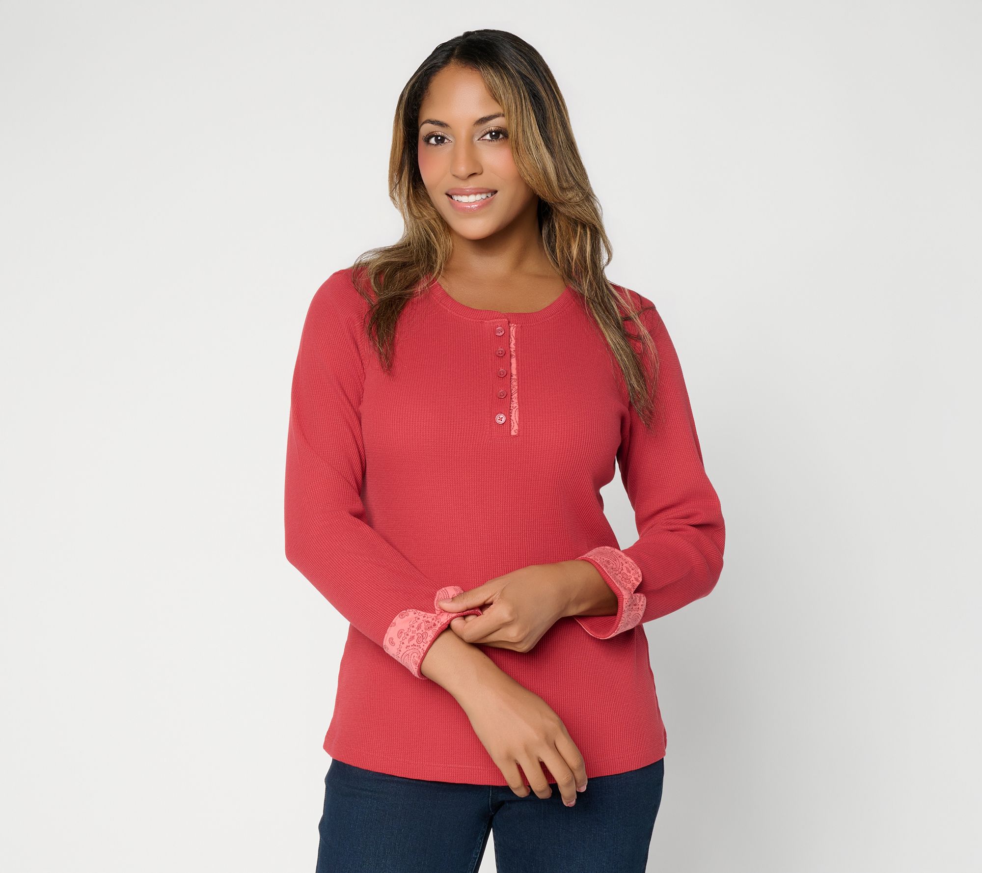 Denim & Co. Knit Long Sleeve Henley w/ Printed Details