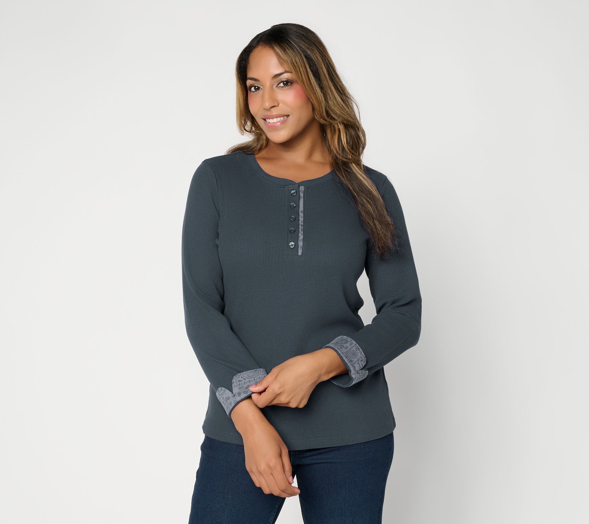 Denim & Co. Knit Long Sleeve Henley w/ Printed Details