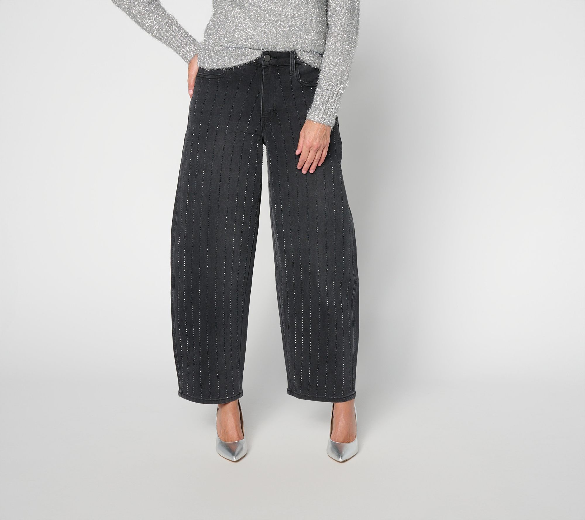 RM Studios x Rebecca Minkoff Regular Stretch Crystal Stripe Barrel Jeans