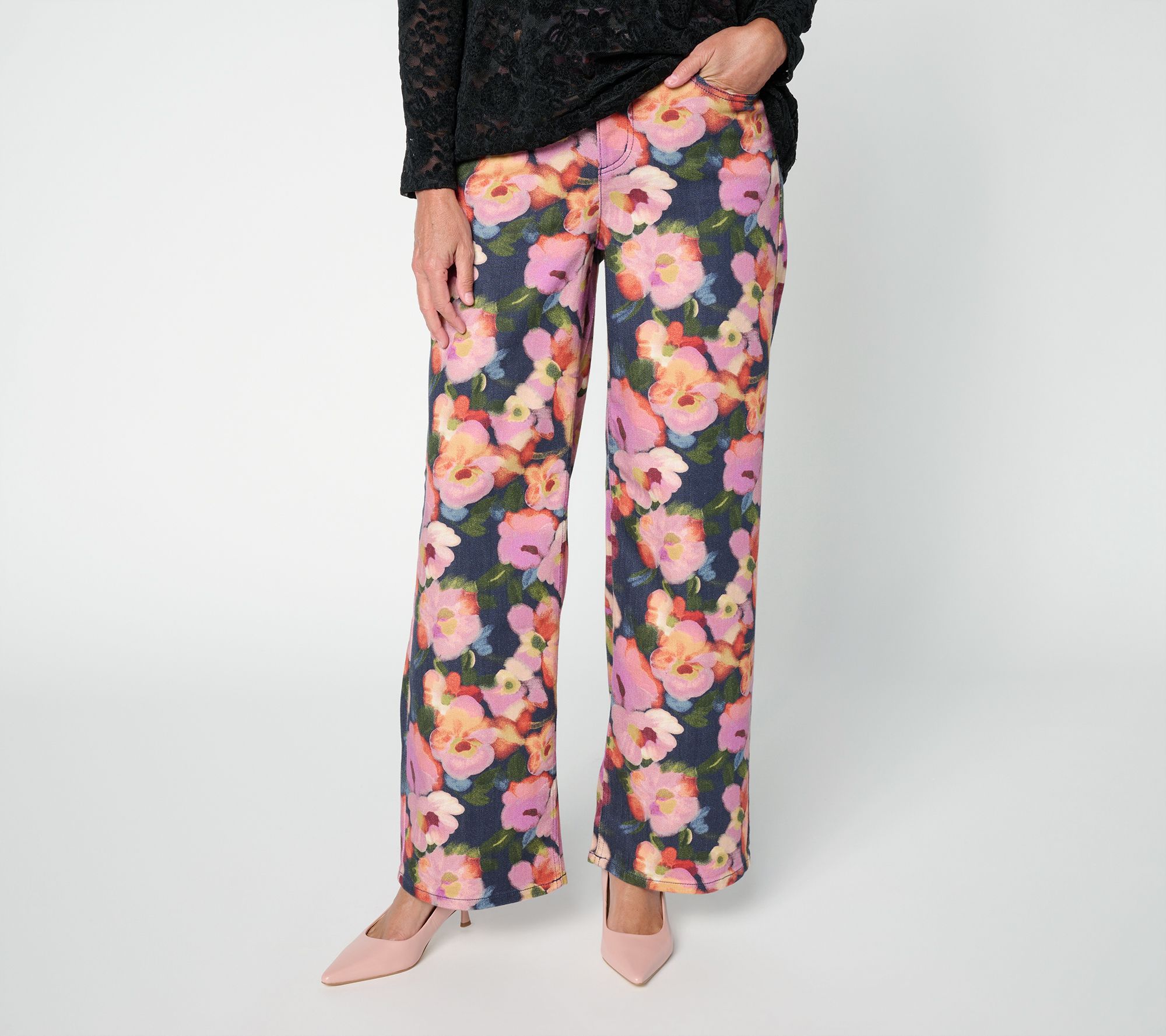 LOGO by Lori Goldstein Petite Floral Print Wide Leg Jeans
