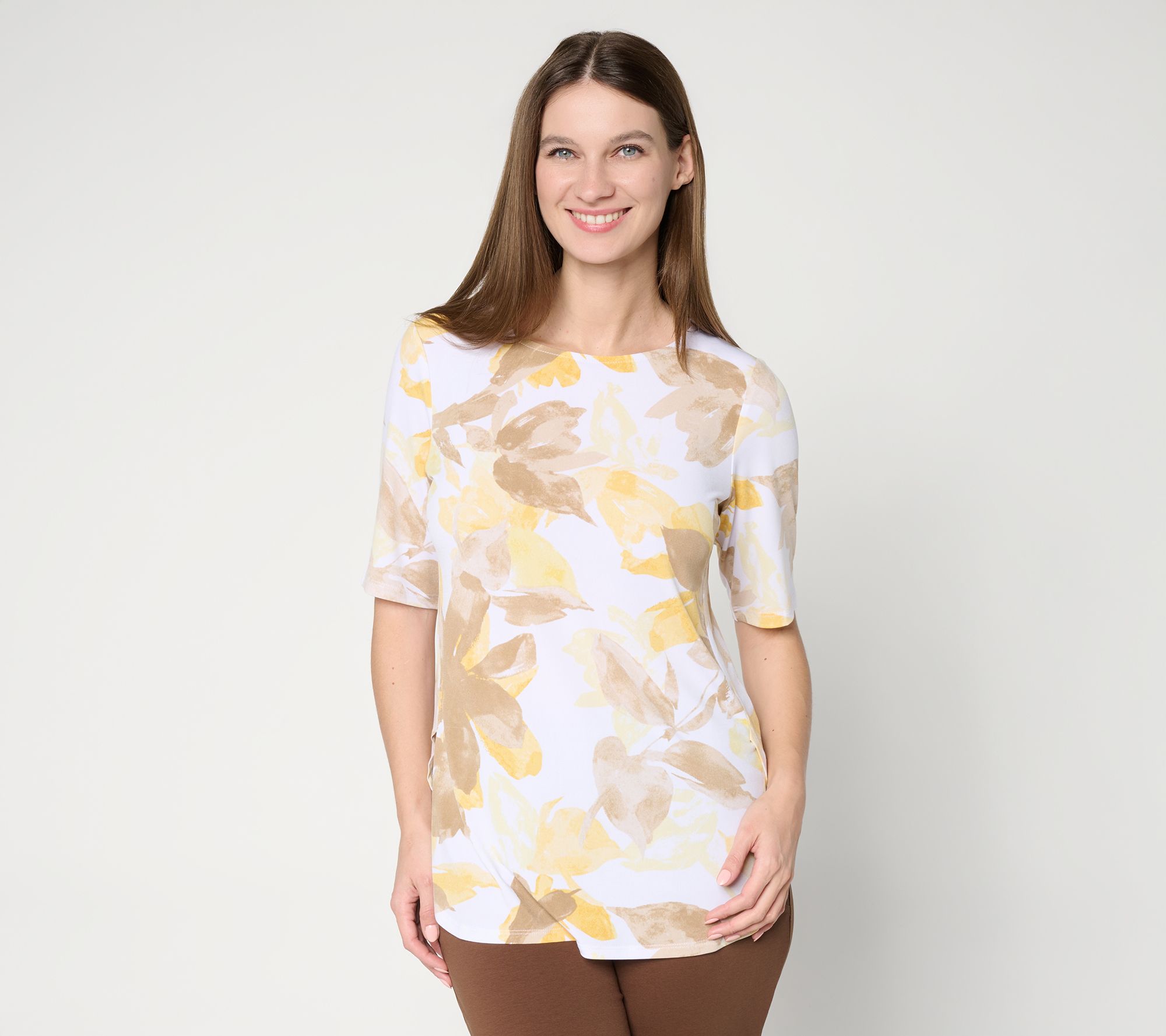 "As Is" Susan Graver Regular Printed Liquid Knit Tunic with Shirttail Hem