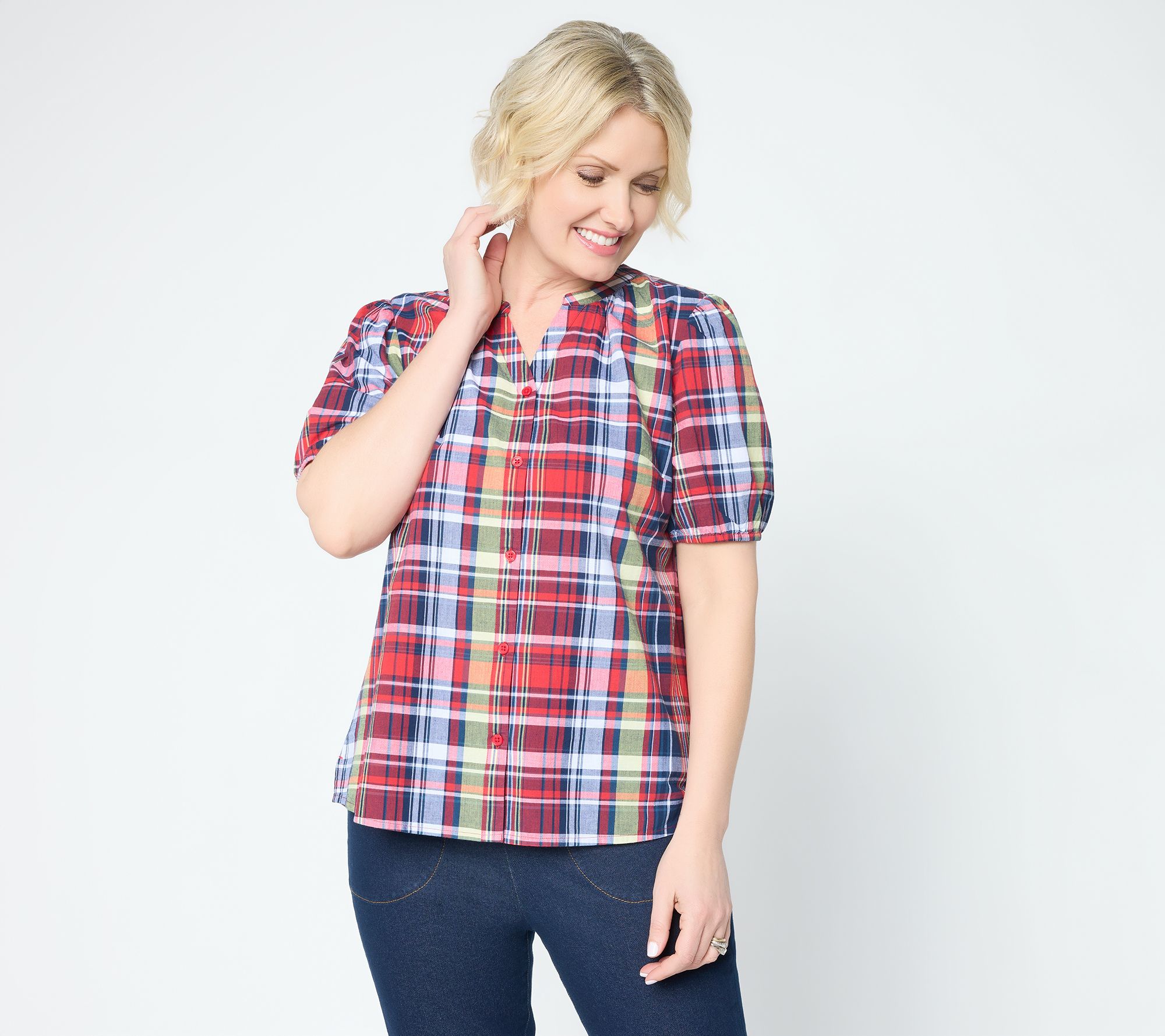 "As Is" Denim & Co. 100% Cotton Madras Plaid Woven Button Front Top