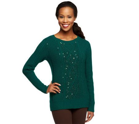 Kelly by Clinton Kelly Cable Sweater w/Sequin Detail - Page 1 — QVC.com