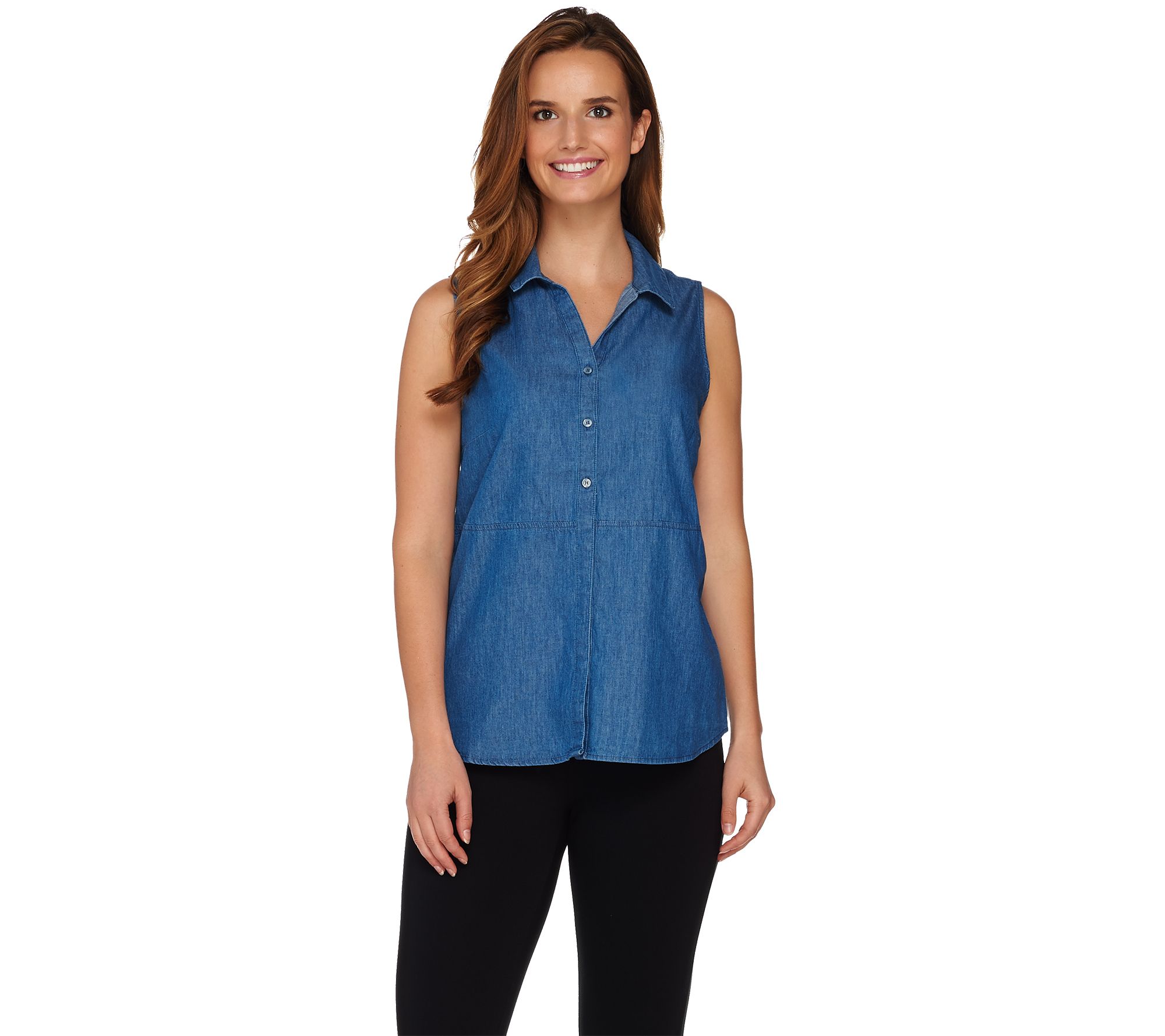 Kelly by Clinton Kelly Button Front Sleeveless Denim Top - Page 1 — QVC.com