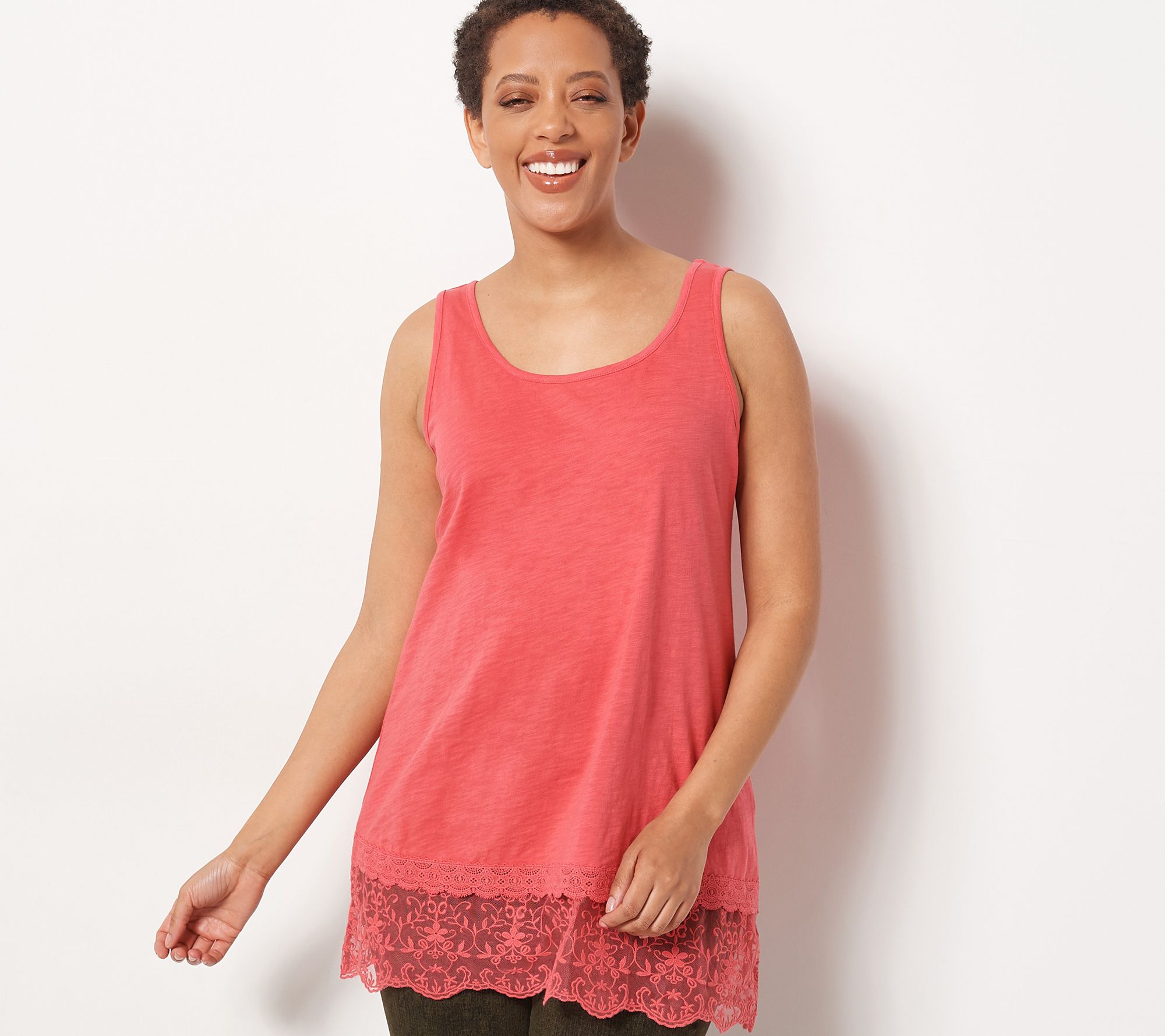 LOGO Layers by Lori Goldstein Cotton Slub Tank with Lace Hem