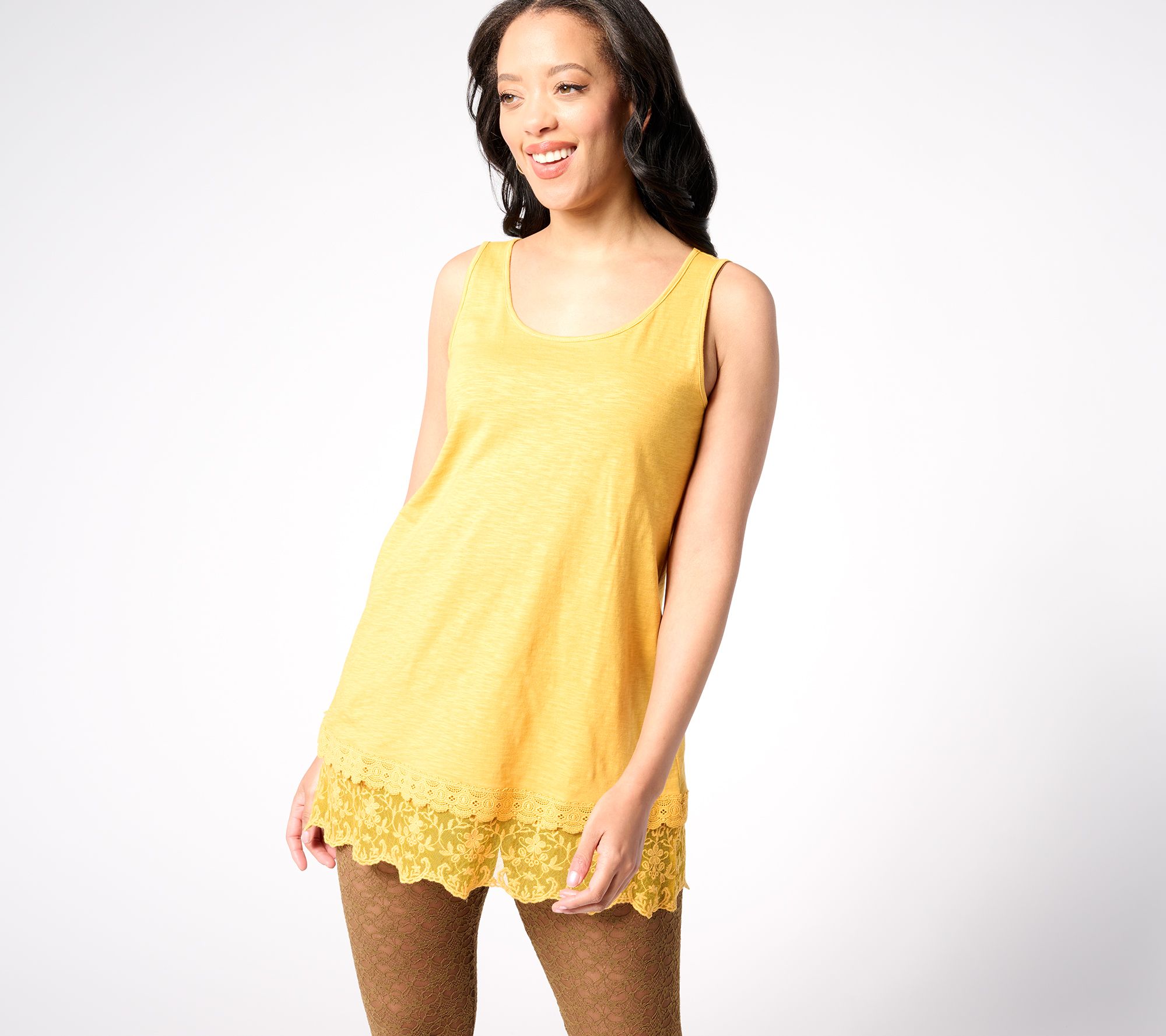 LOGO Layers by Lori Goldstein Cotton Slub Tank with Lace Hem