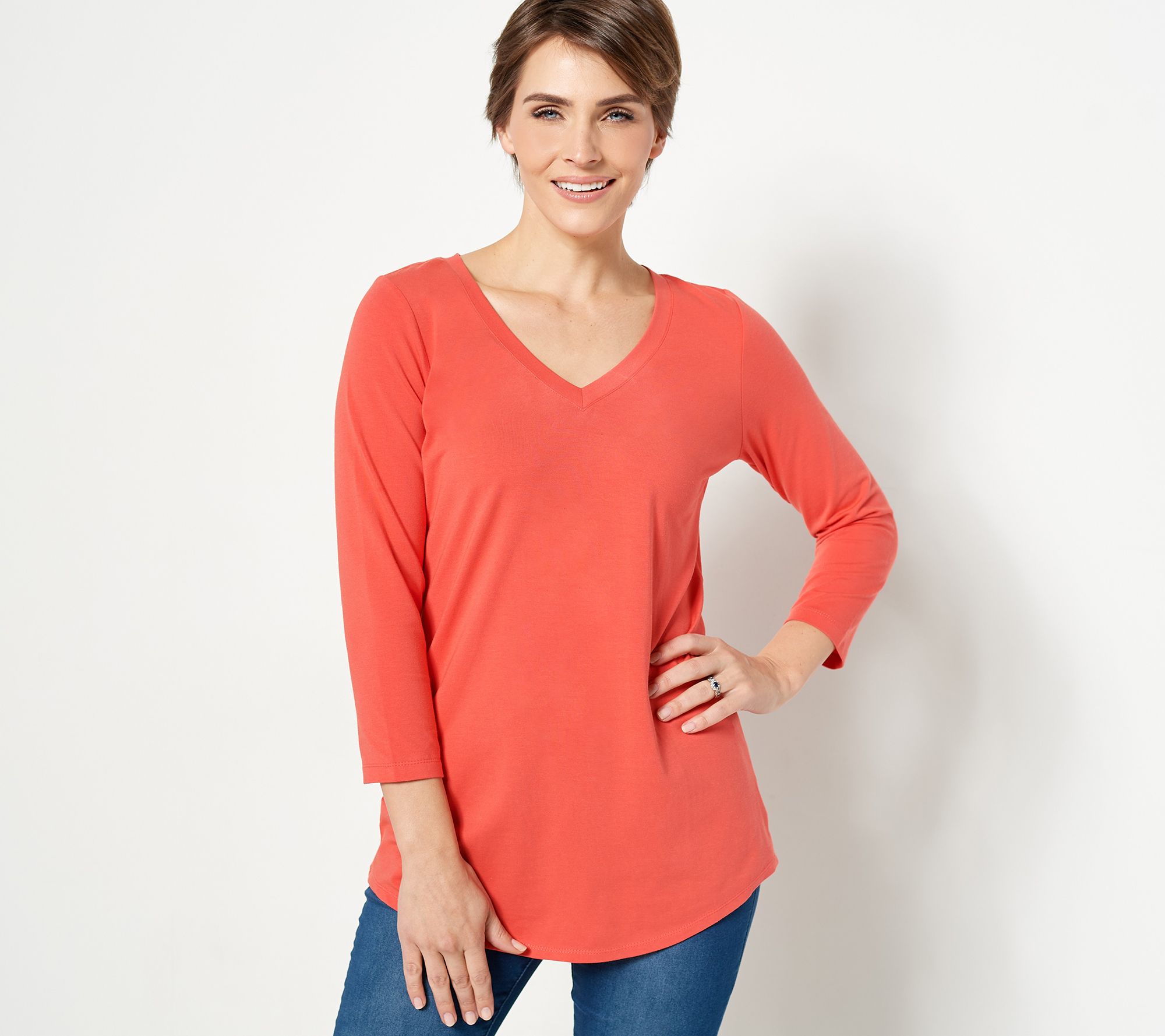 Susan Graver Petite Weekend Essentials Comfy Cotton V-Neck Tunic