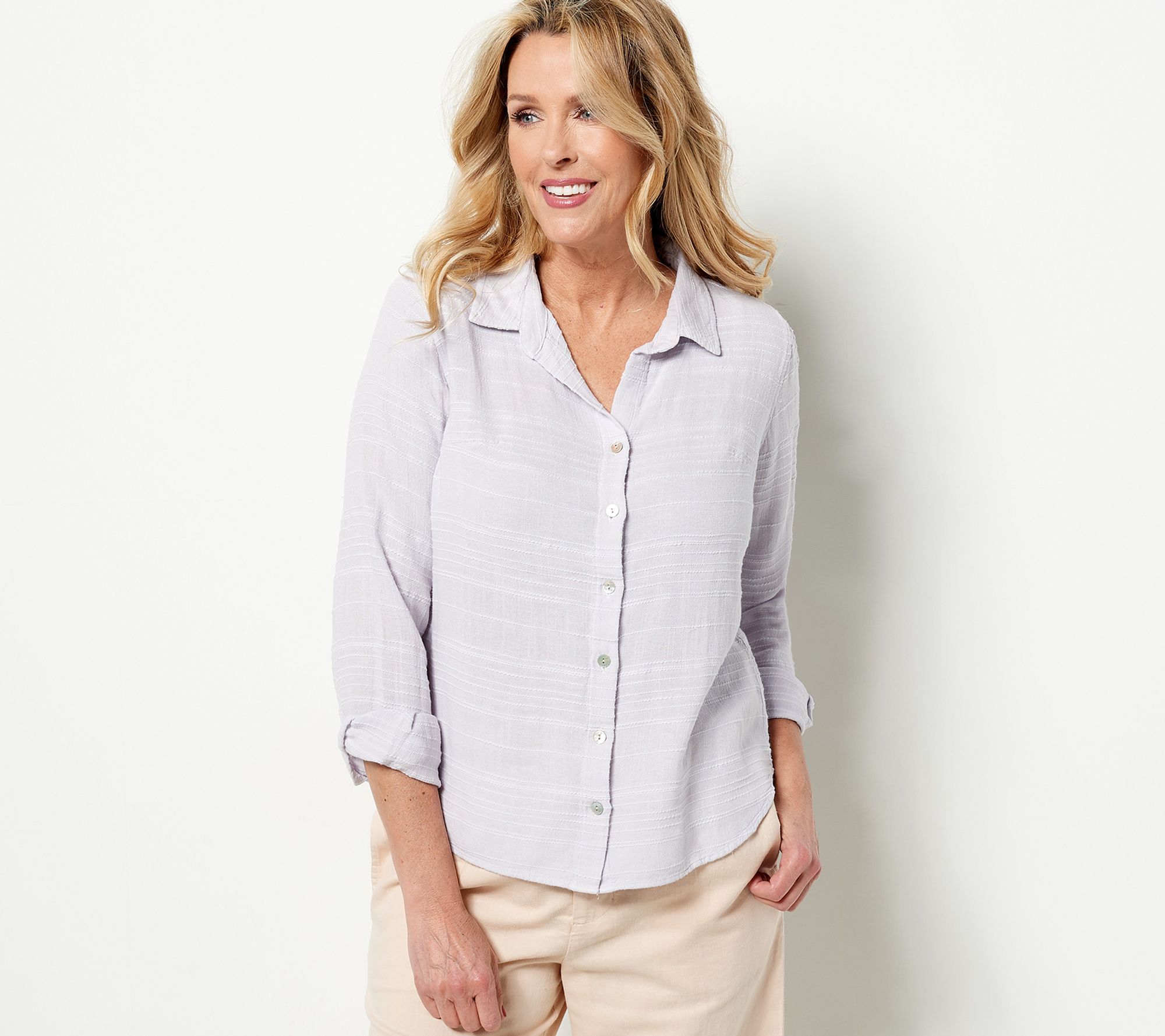 Side Stitch Regular Soft-Textured Slub Stripe Button-Down Top