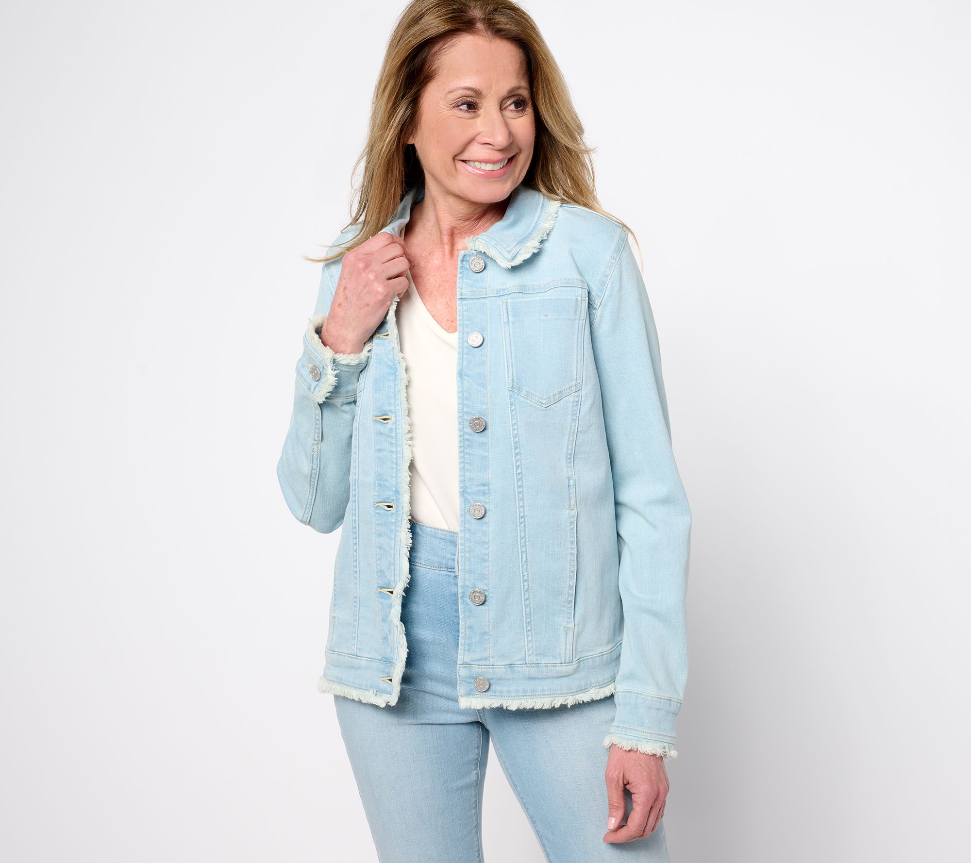Susan Graver Stretch Denim Button-Front Frayed Jean Jacket