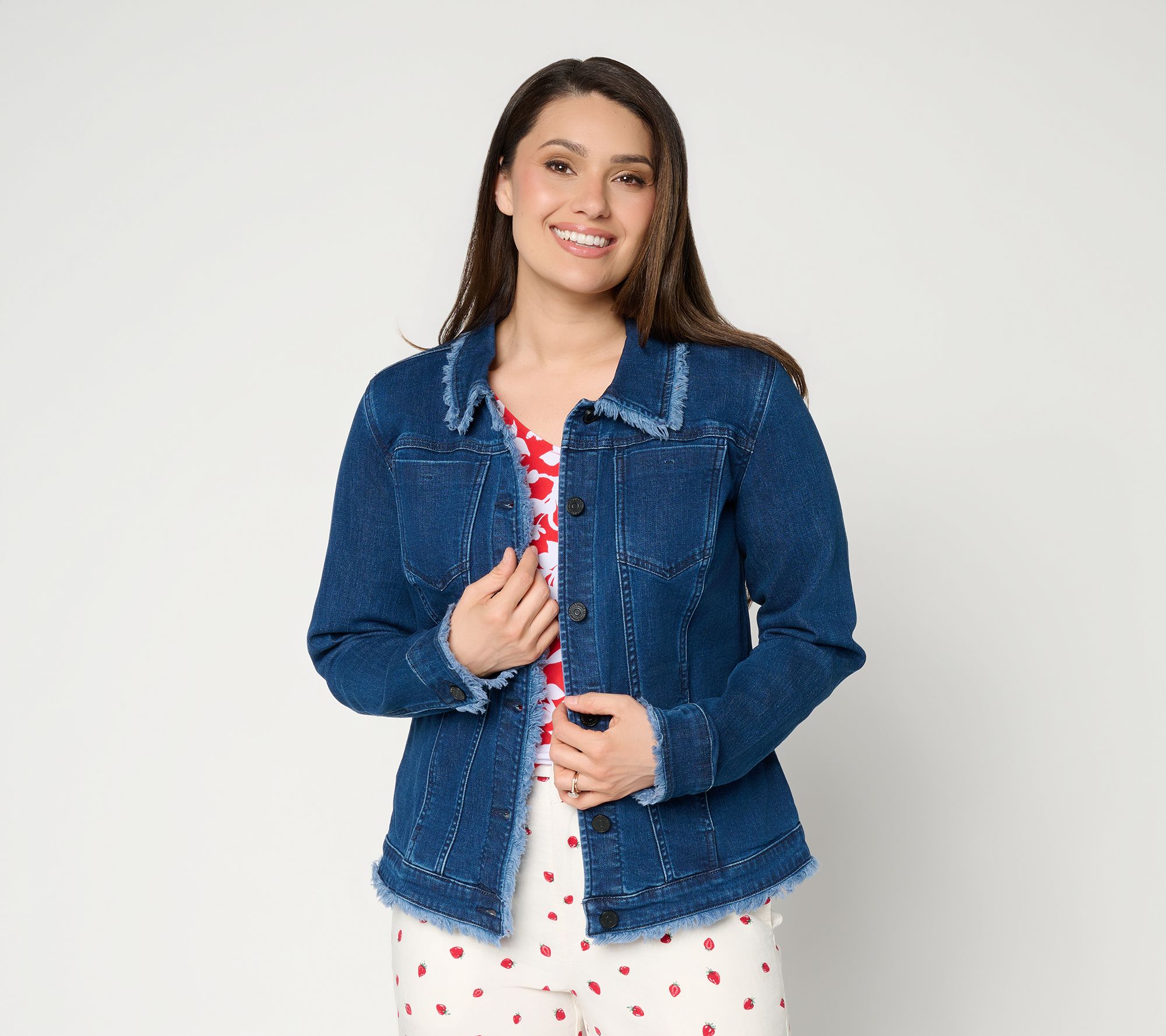 Susan Graver Stretch Denim Button-Front Frayed Jean Jacket