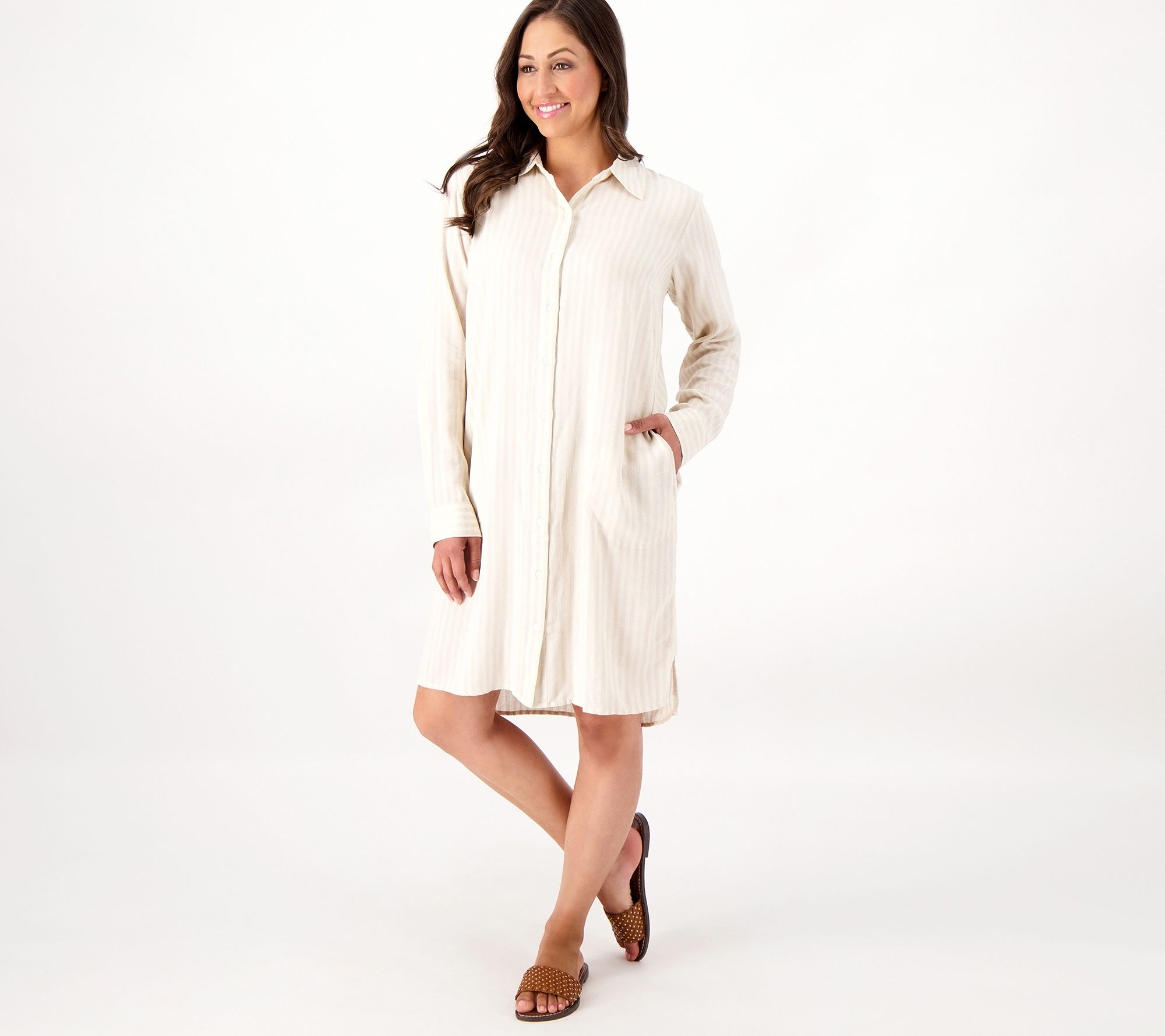 Denim & Co. Naturals Linen Blend Button Front Shirt Dress w/Pockets