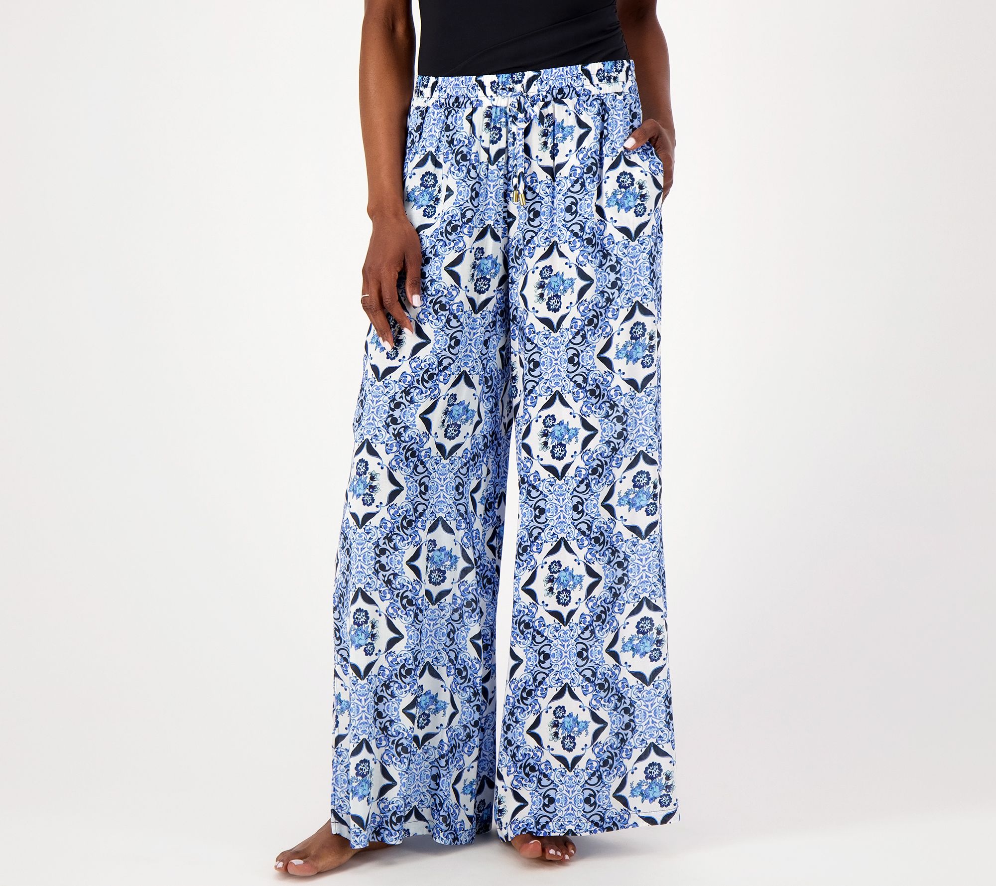 Jantzen Petite Wide Leg Printed Pull-On Woven Cover-Up Pants