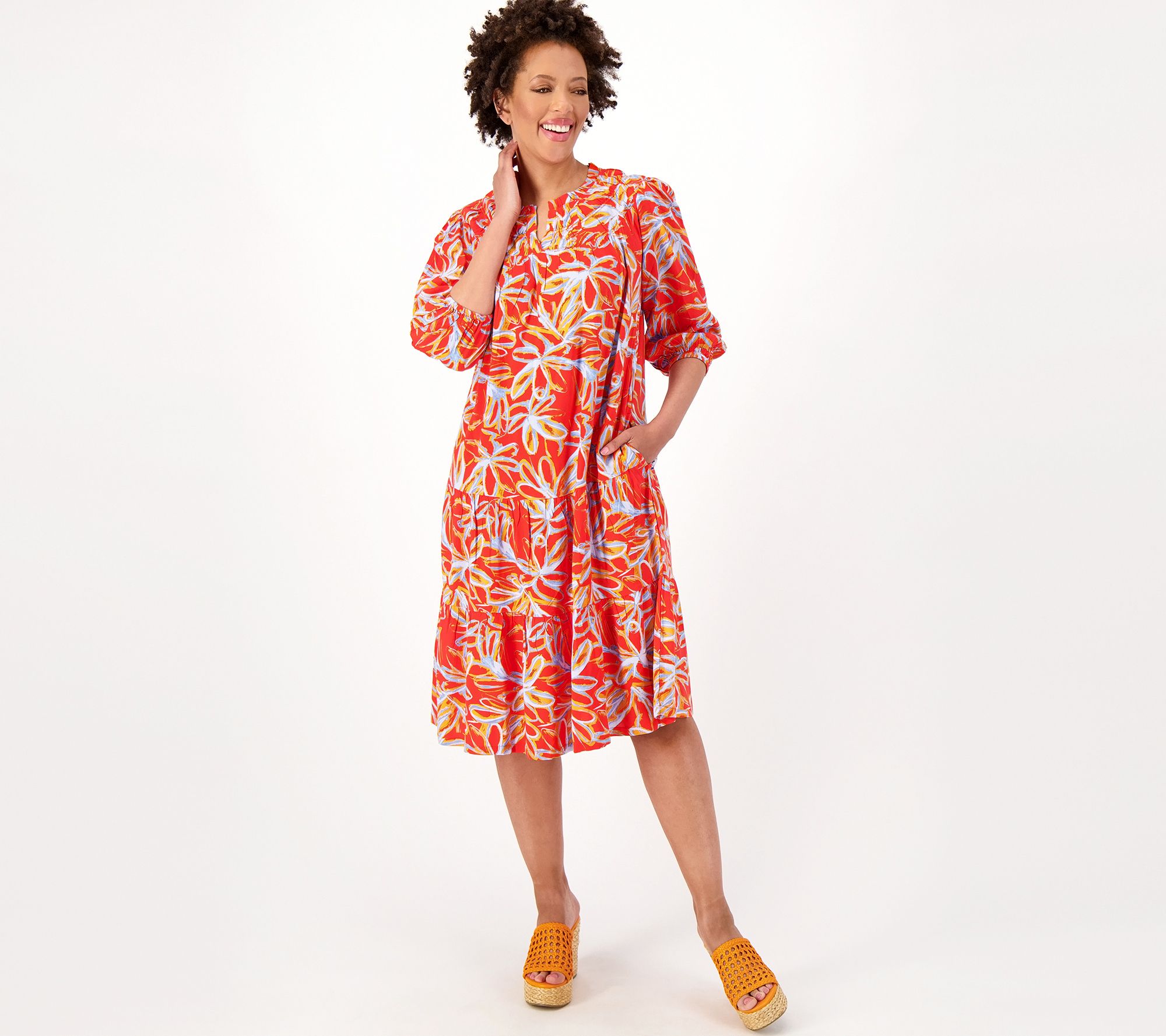 LOGO by Lori Goldstein Woven 3/4-Sleeve Tiered Dress