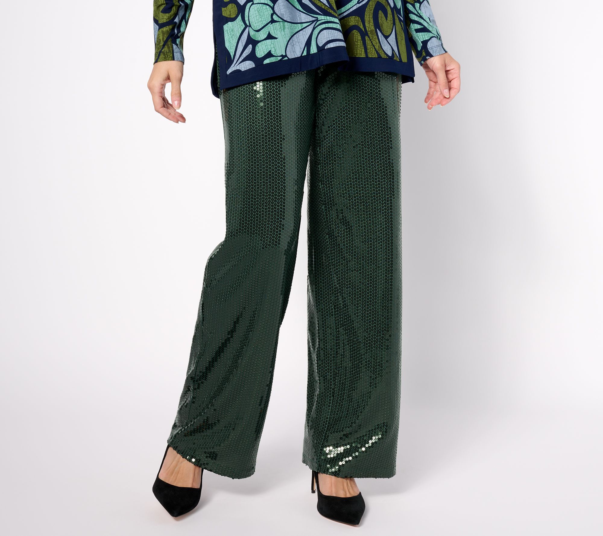 Dennis Basso Petite Sequin Knit Wide Leg Pull-On Pants