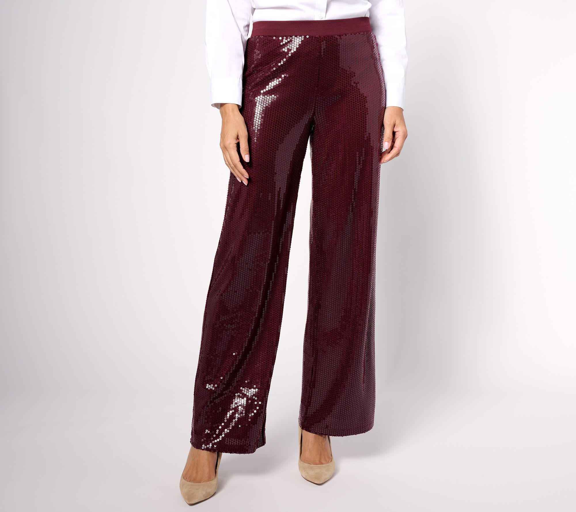 Dennis Basso Petite Sequin Knit Wide Leg Pull-On Pants