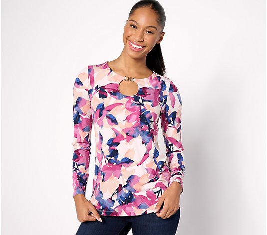 Susan Graver Printed Liquid Knit Long Sleeve Top with Keyhole Trim