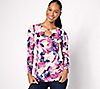 Susan Graver Printed Liquid Knit Long Sleeve Top with Keyhole Trim