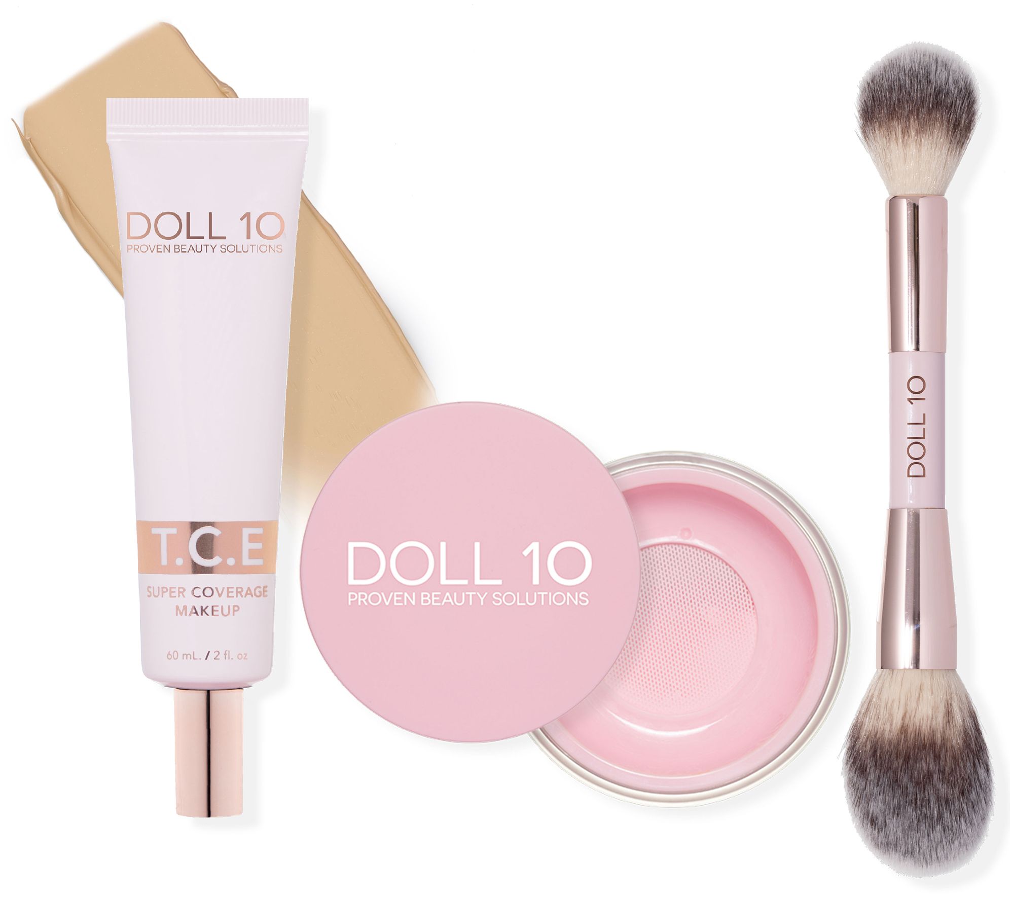 Doll 10 Super-Size TCE Foundation, Pink Powder,and Brush 3pc Set