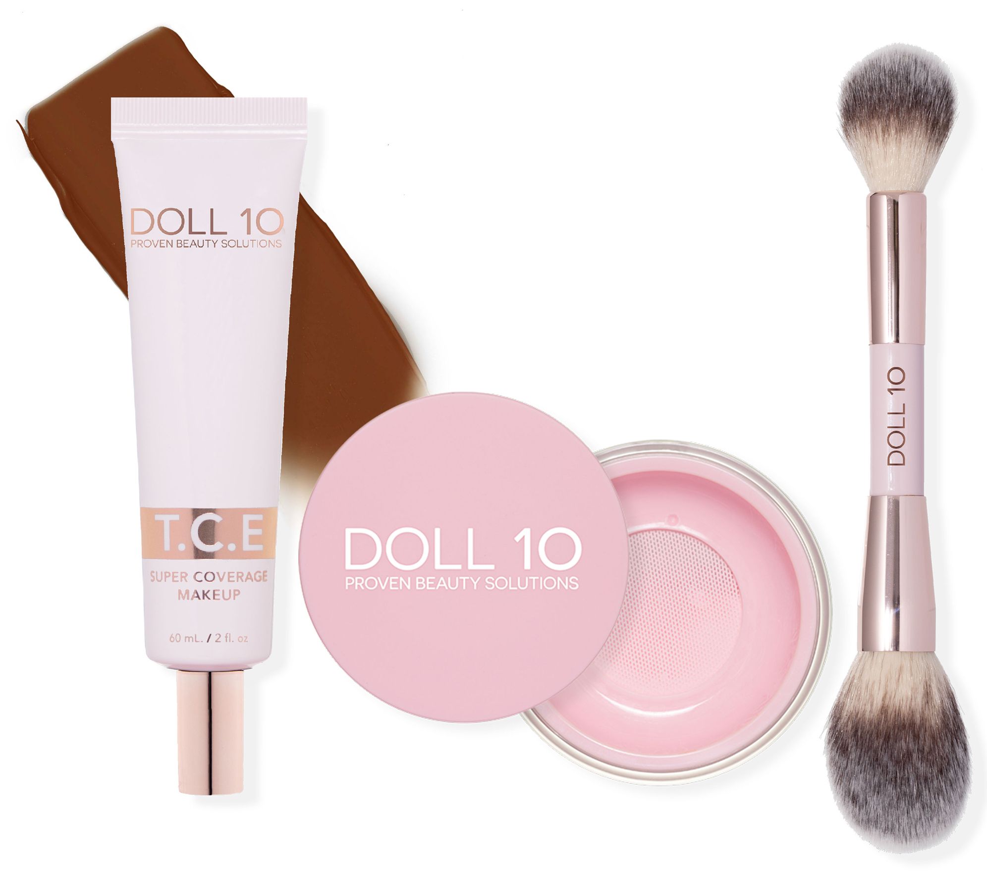 Doll 10 Super-Size TCE Foundation, Pink Powder,and Brush 3pc Set