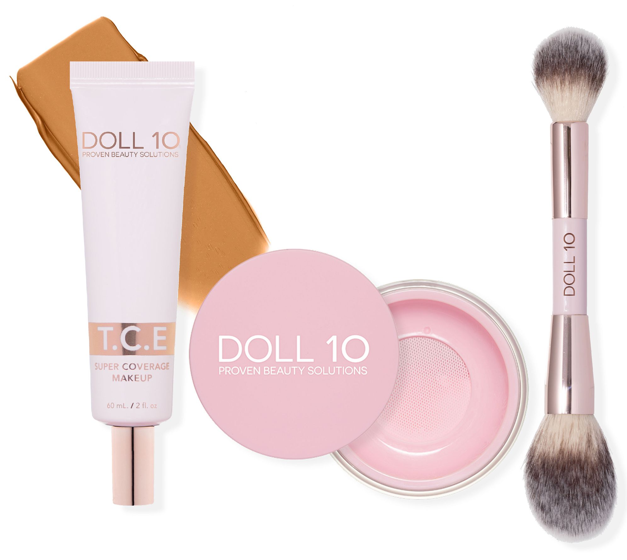 Doll 10 Super-Size TCE Foundation, Pink Powder,and Brush 3pc Set