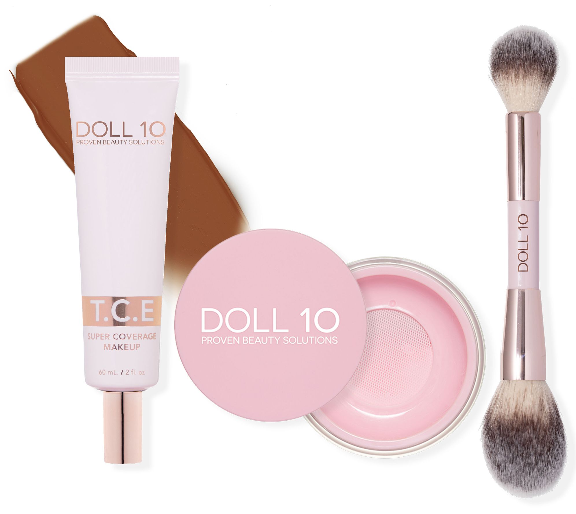 Doll 10 Super-Size TCE Foundation, Pink Powder,and Brush 3pc Set