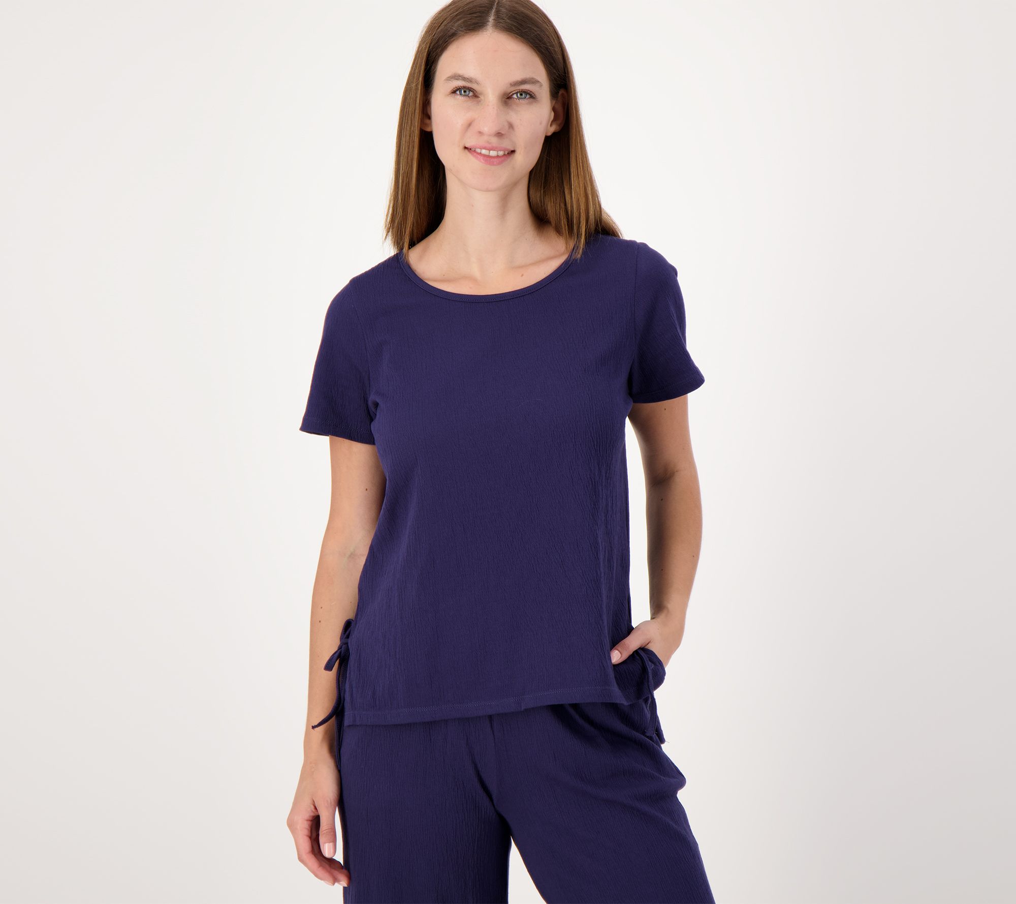 "As Is" Cuddl Duds Crinkle Jersey Short Sleeve Side Tie Top