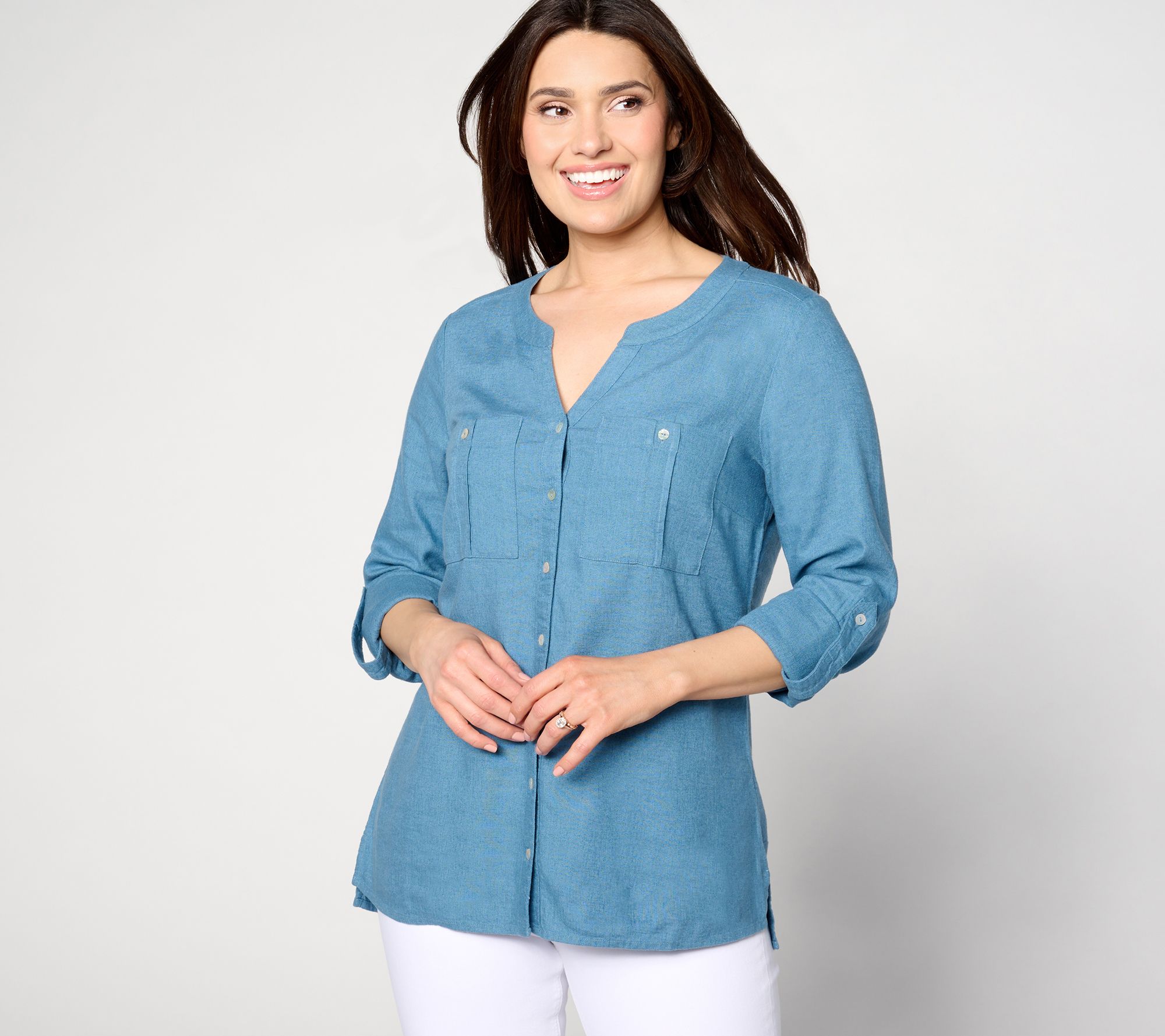 Denim u0026 Co. Naturals Linen Blend Utility Pocket Button Front Shirt - QVC.com