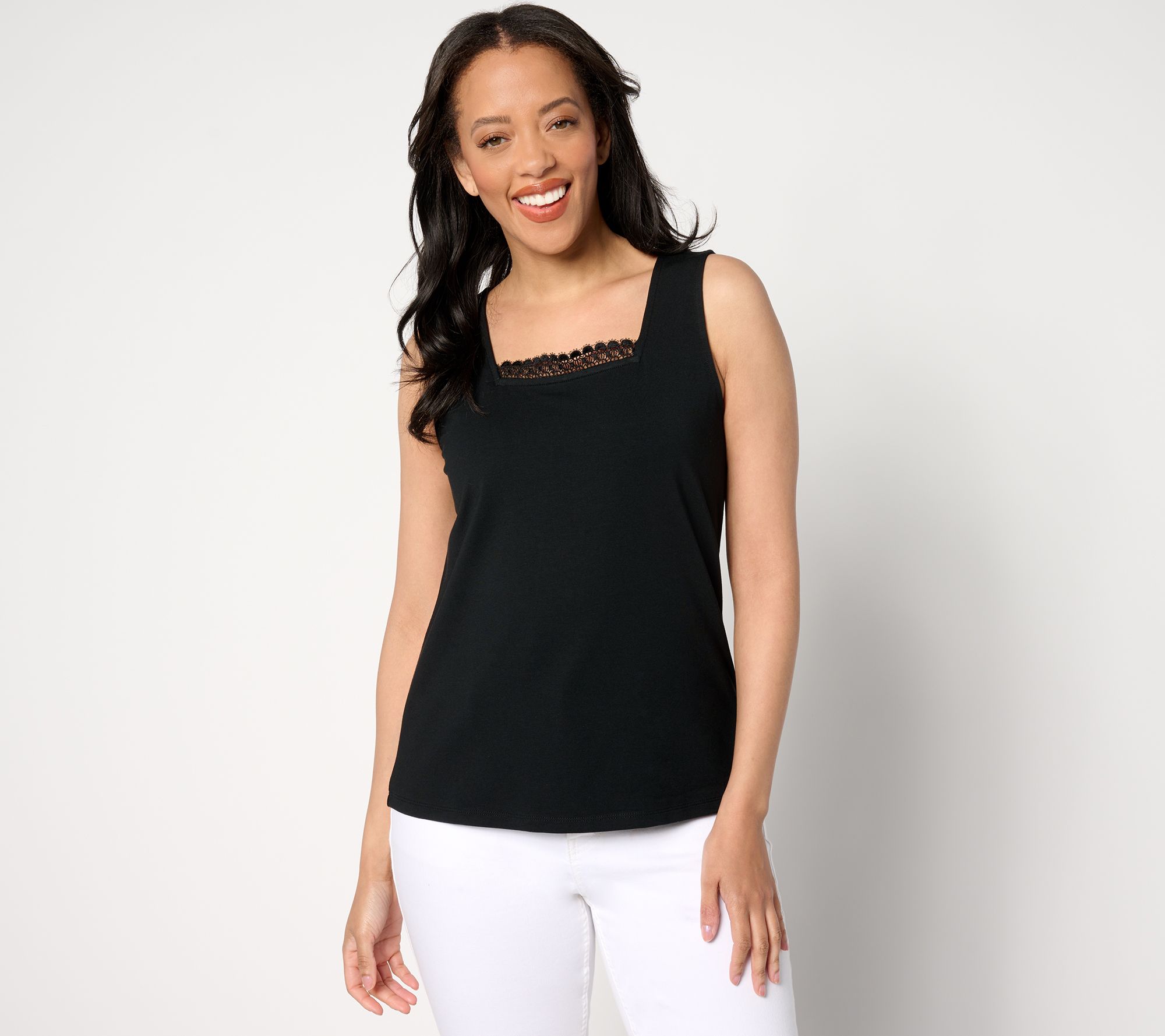 Isaac Mizrahi Live! Square Neck Sleeveless Top with Crochet Trim