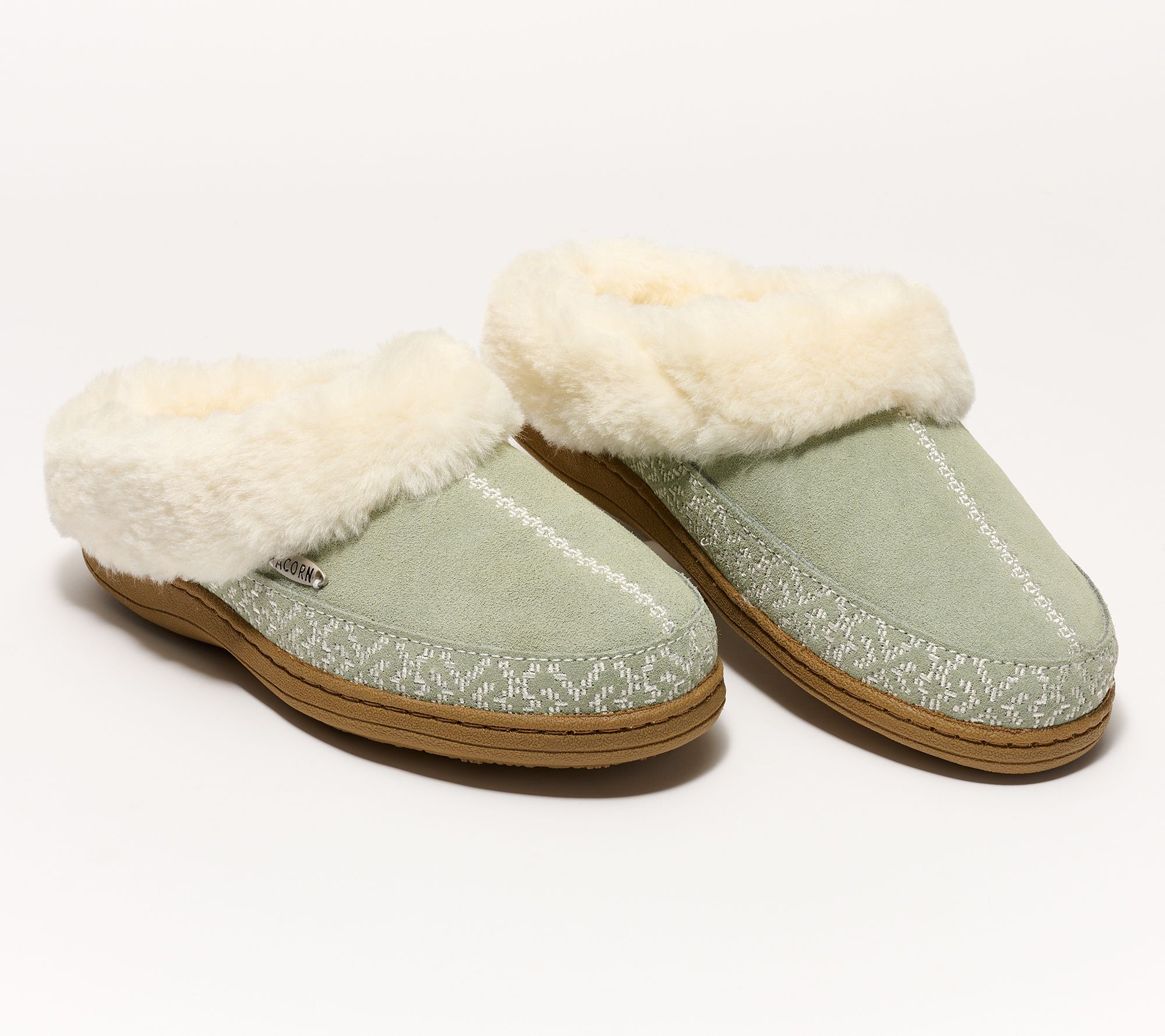 "As Is" Acorn Embroidered Suede Hoodback Slippers- Greta