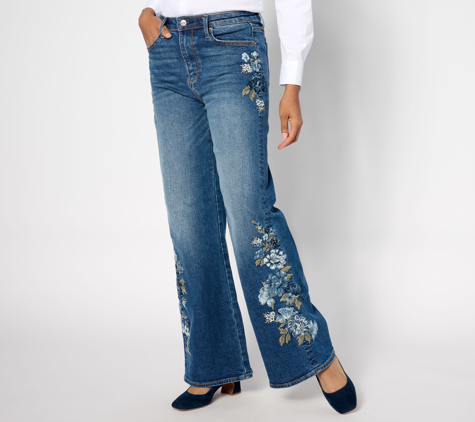 "As Is" Driftwood Charlee Wide Leg Embroidered Jean- Blue Bell