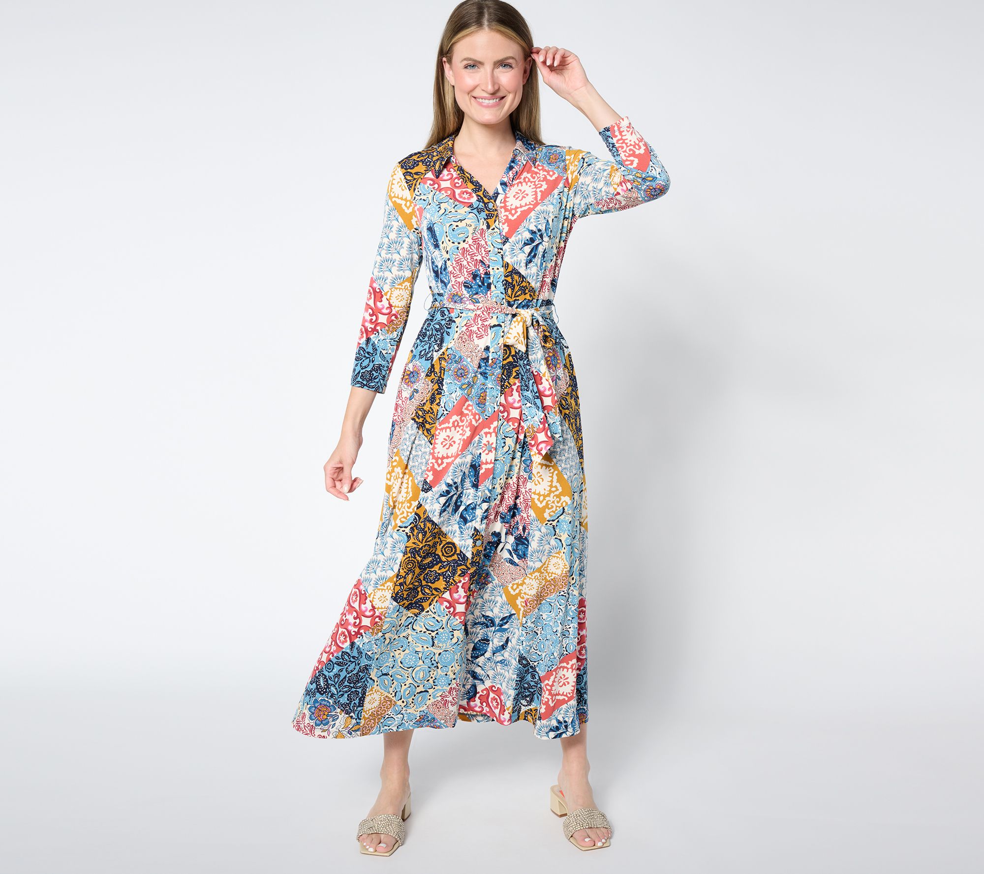 Susan Graver Regular Printed Liquid Knit Belted Maxi Dress