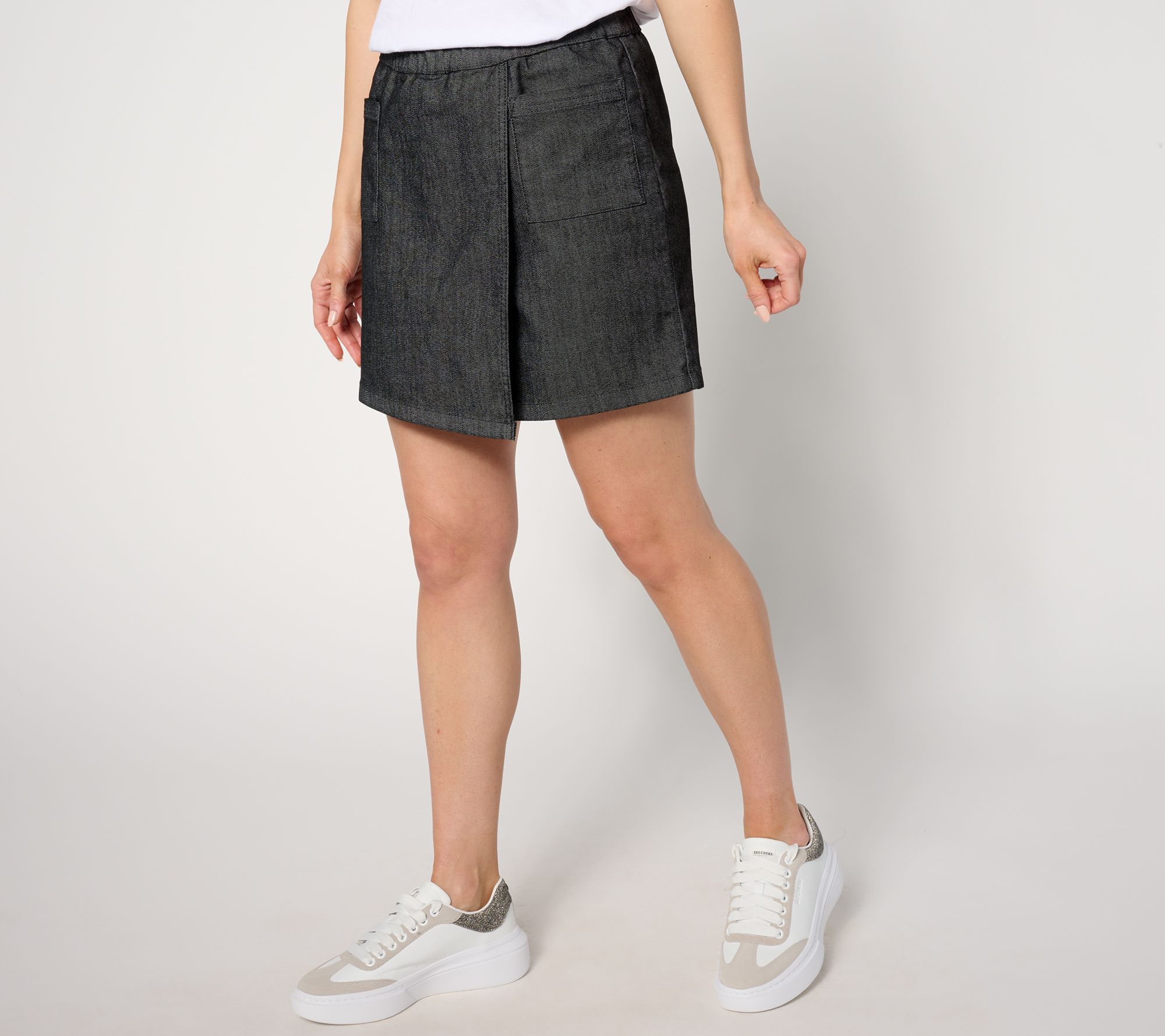 "As Is" AnyBody Regular Denim Faux Wrap Pull-On Skort