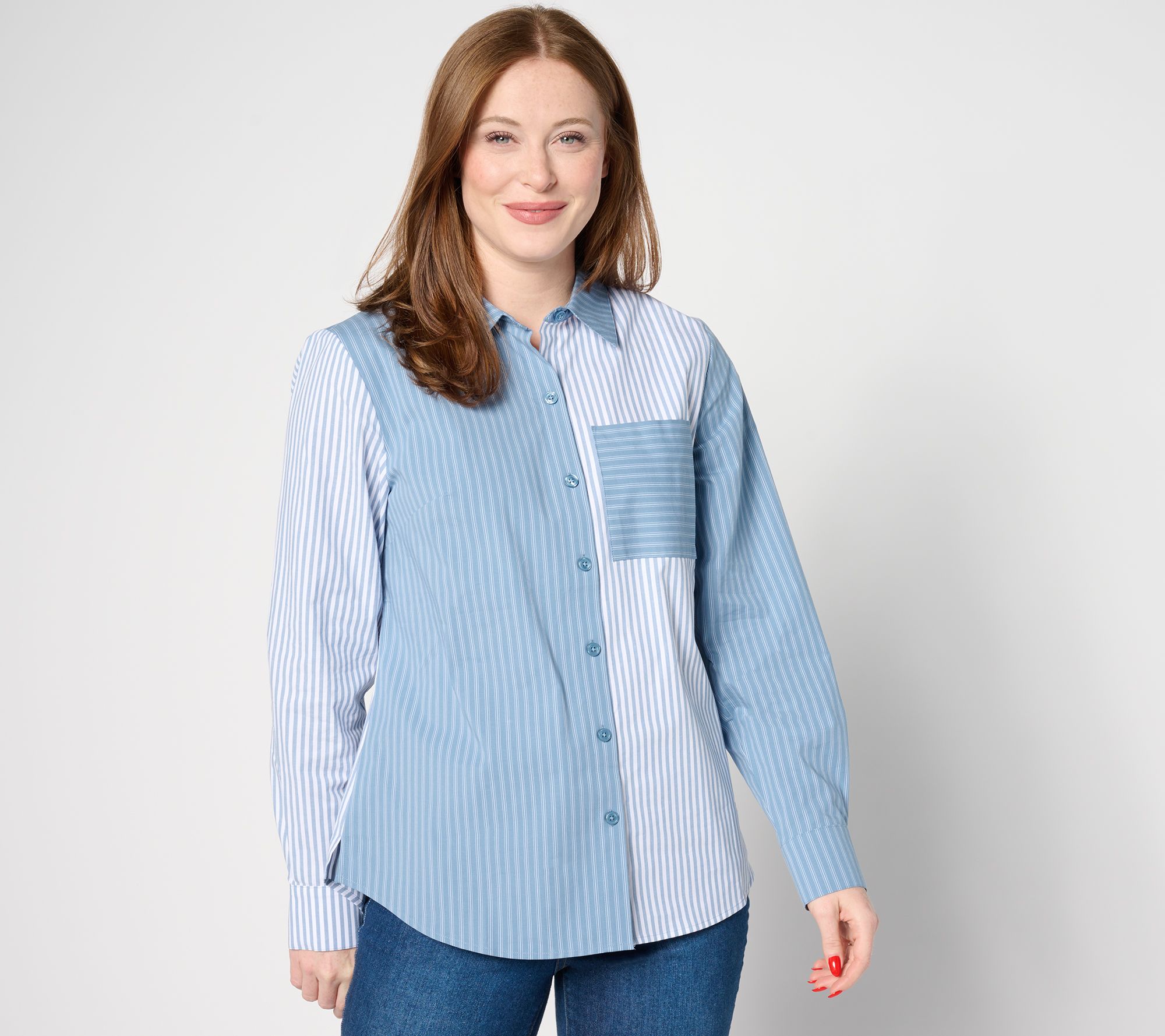 "As Is" Joan Rivers Mixed Stripe Button Front Boyfriend Shirt