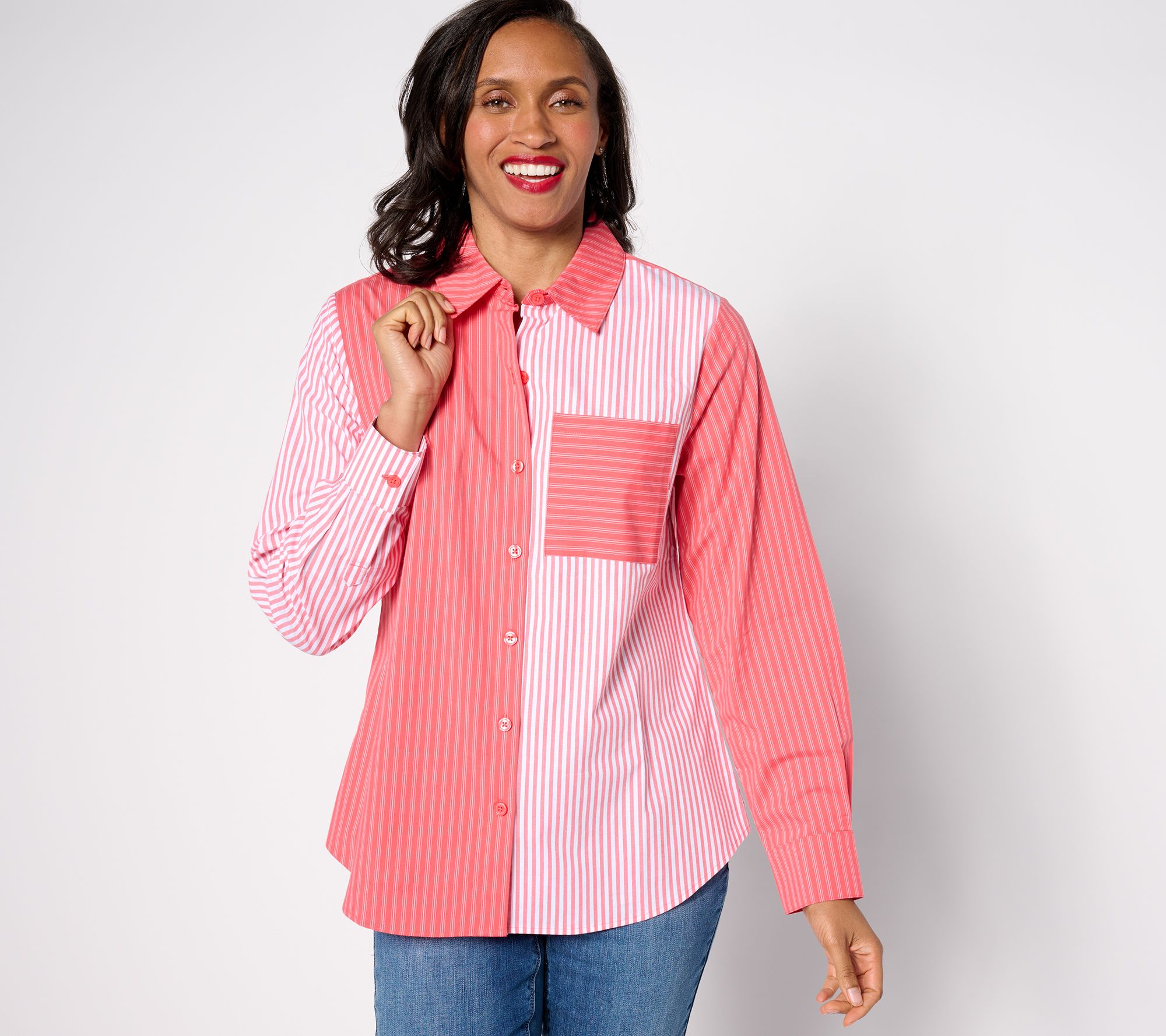 "As Is" Joan Rivers Mixed Stripe Button Front Boyfriend Shirt