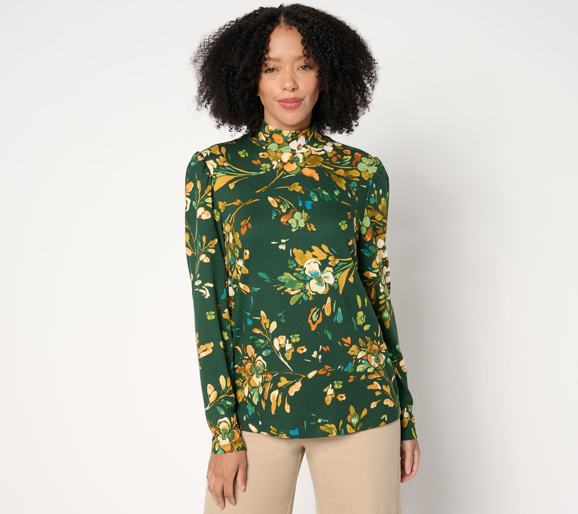 Susan Graver Printed Brushed Liquid Knit Mock-Neck Long Puff Sleeve Top