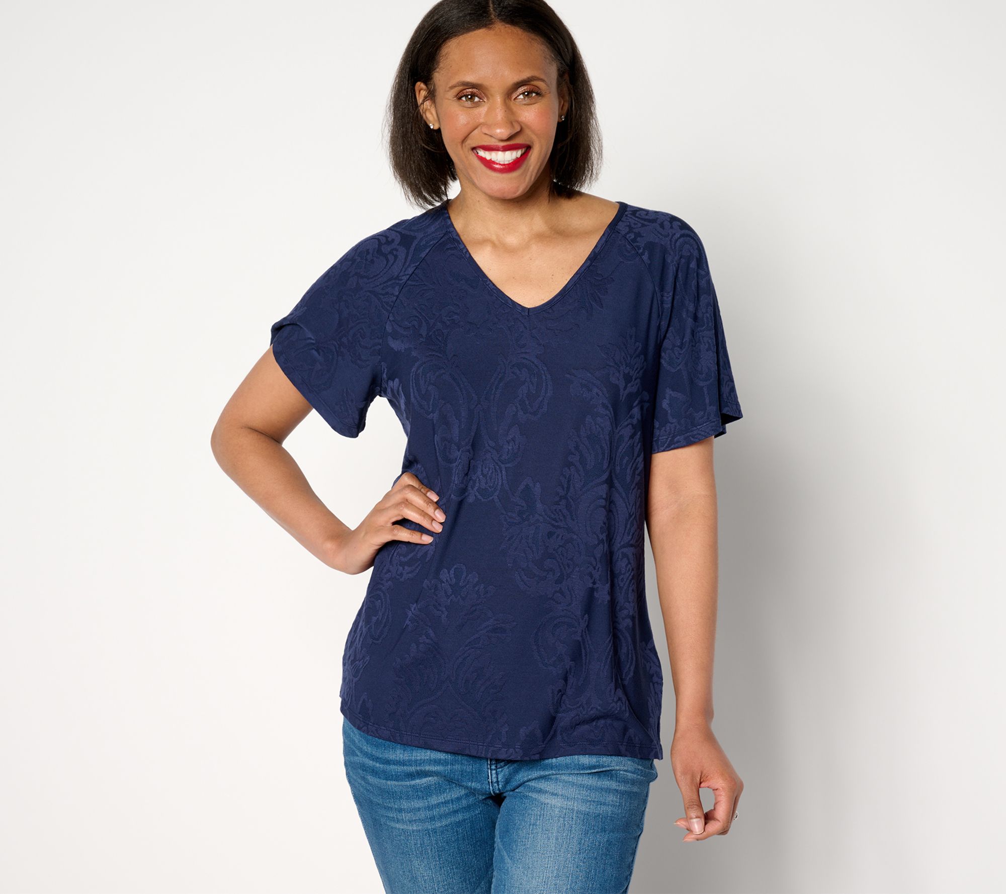 "As Is" Denim & Co. Knit Raglan Flutter Sleeve V-Neck Top