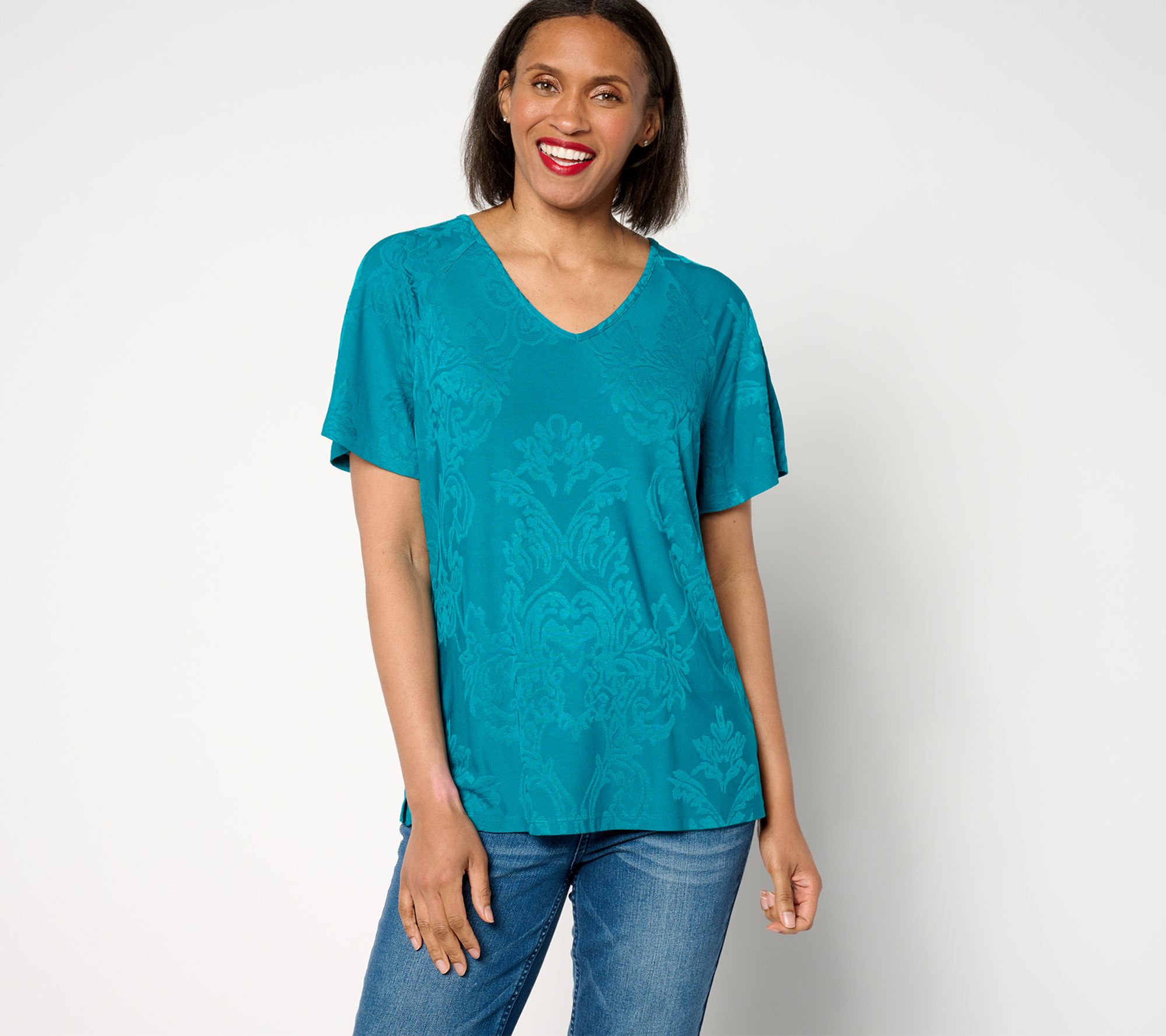 "As Is" Denim & Co. Knit Raglan Flutter Sleeve V-Neck Top