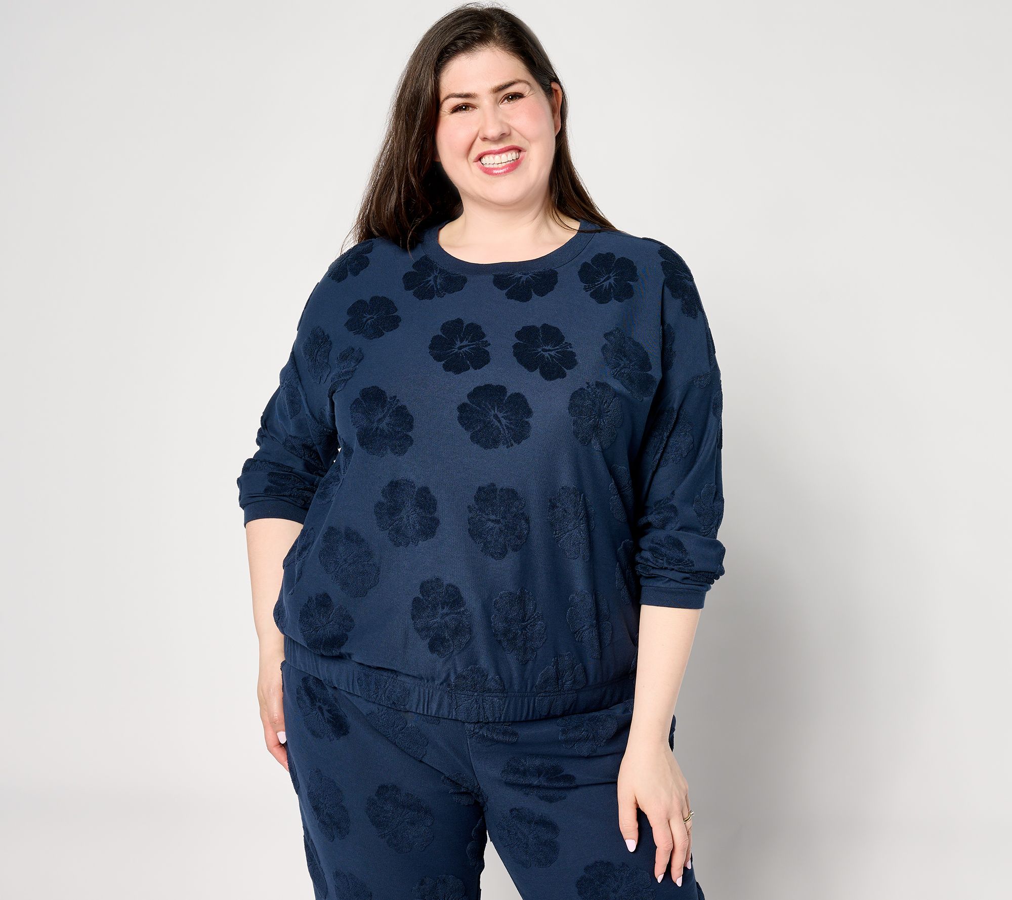 "As Is" AnyBody Lounge Crew Neck Hibiscus Jacquard French Terry Top