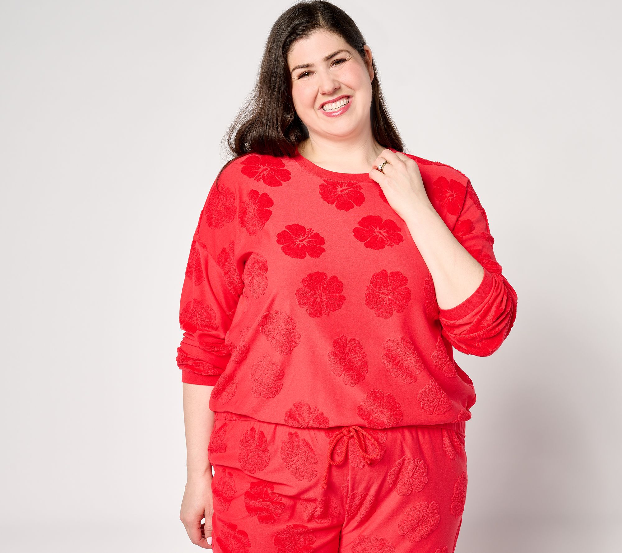 "As Is" AnyBody Lounge Crew Neck Hibiscus Jacquard French Terry Top