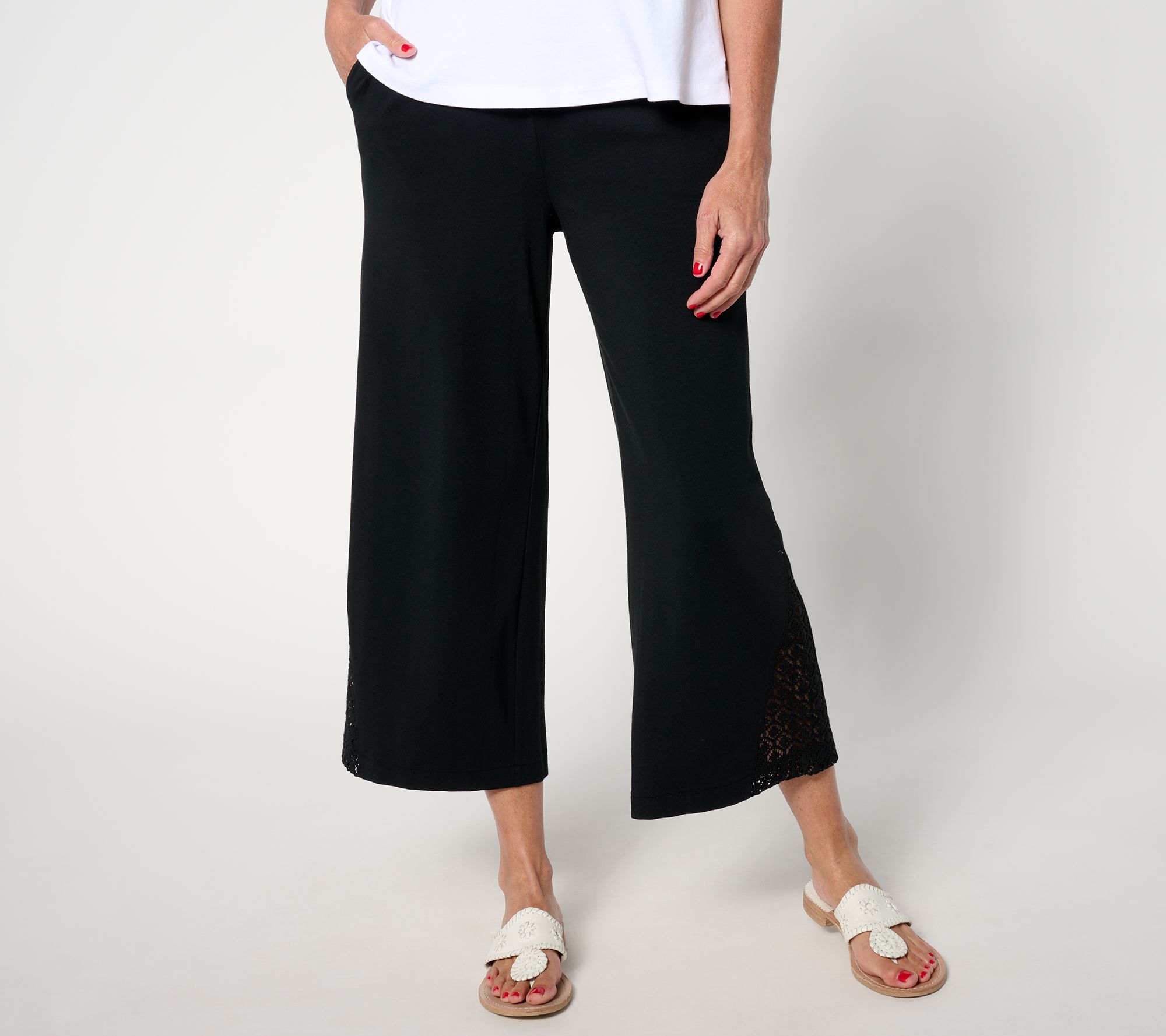 "As Is" Isaac Mizrahi Live! Tall Knit Wide Leg Crop Pants w/ Crochet Trim