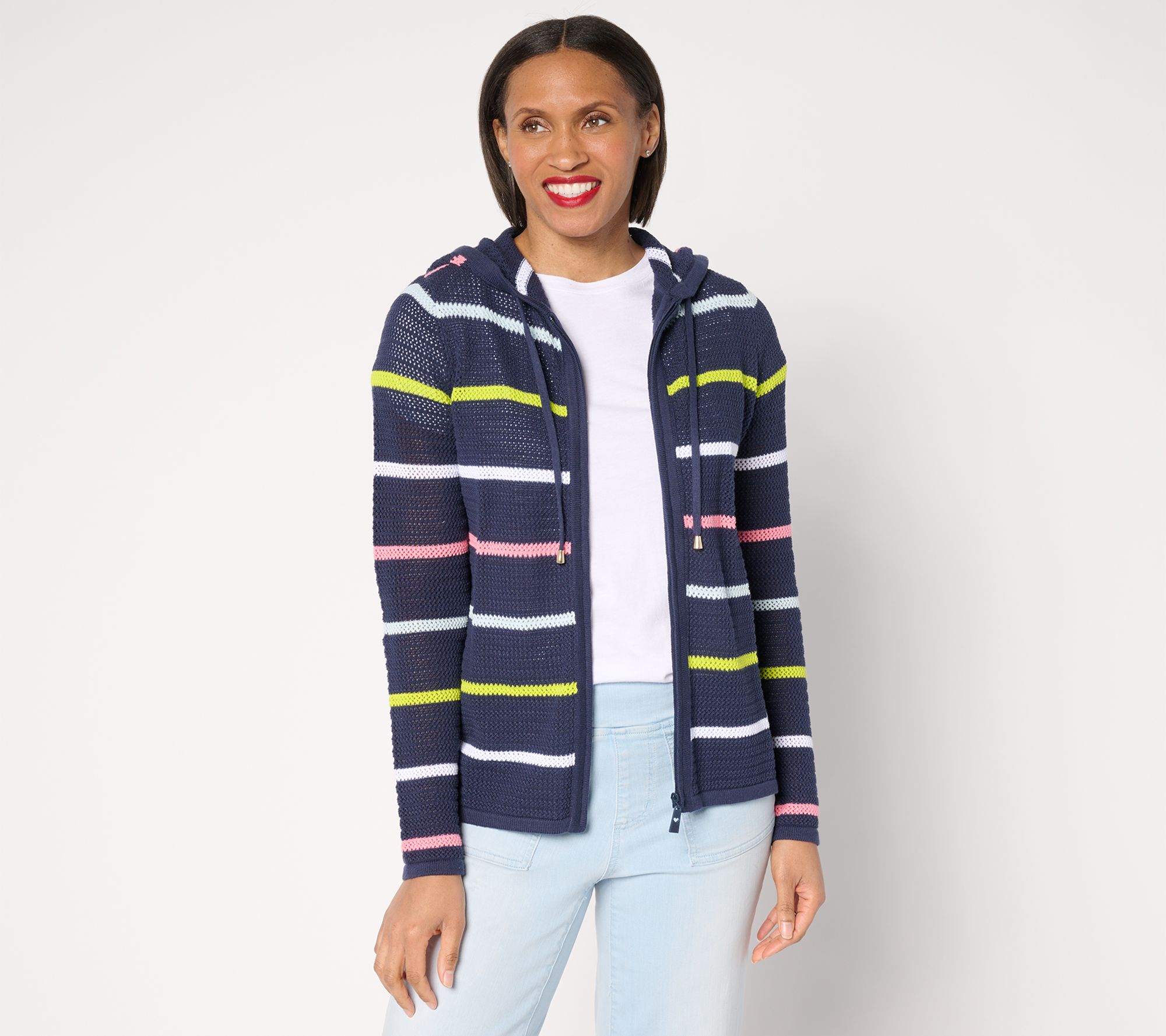 Belle Beach by Kim Gravel Palm Beach 100% Cotton Stripe Zip Cardigan