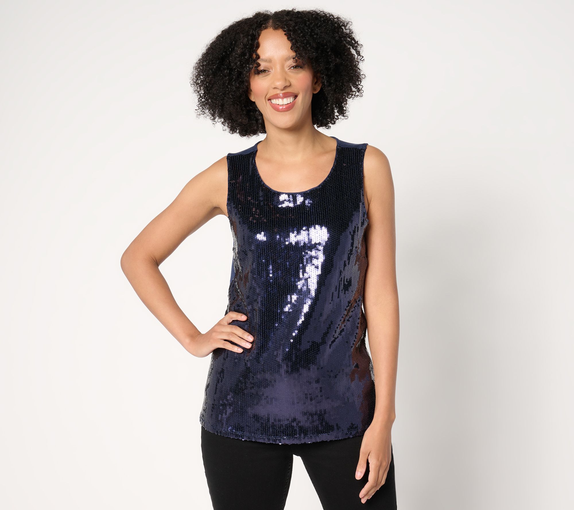 "As Is" Denim & Co. Sequin Front Scoop Neck Tank Top