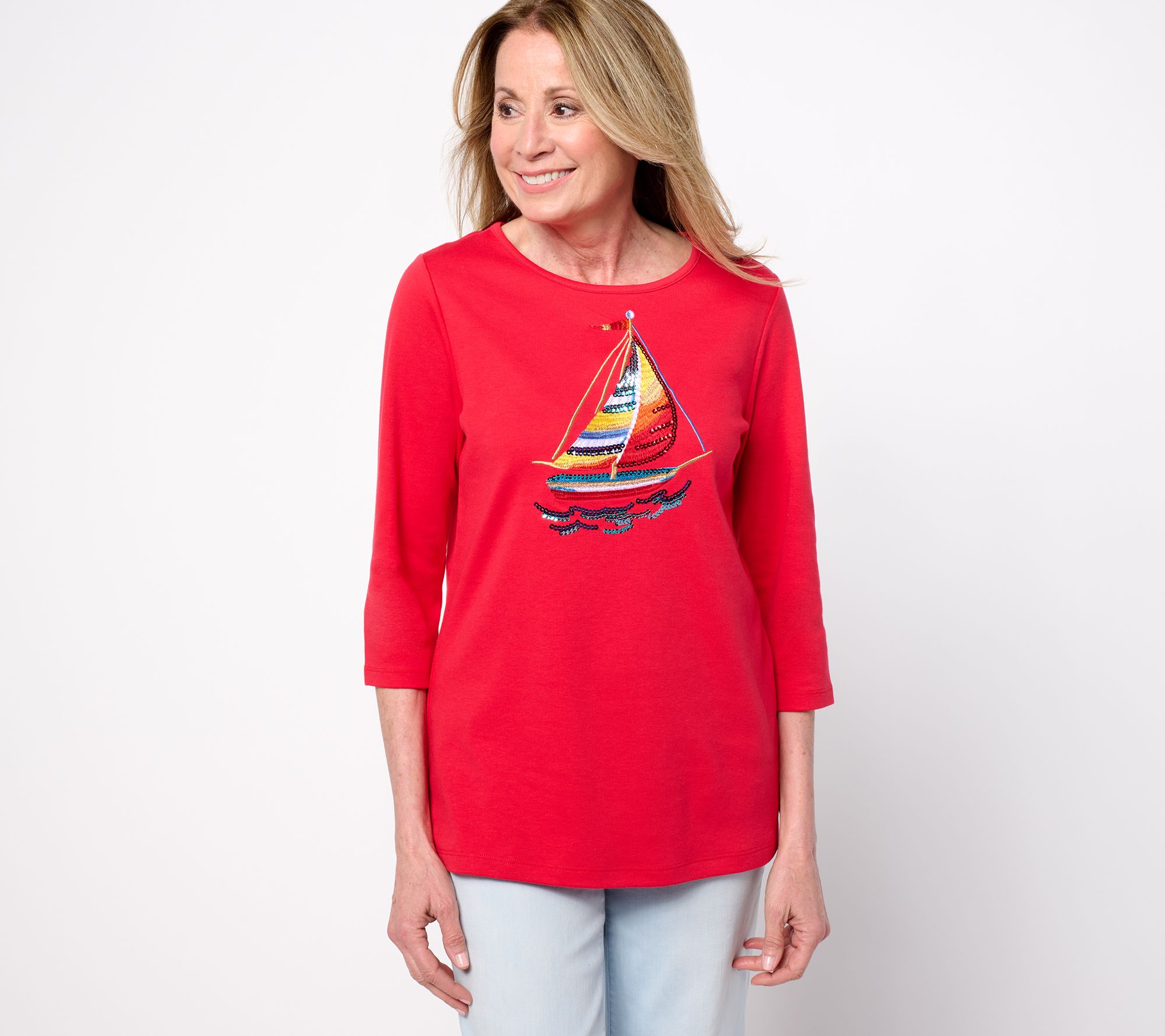 Quacker Factory Gone Sailing Sequin 3/4 Sleeve Top