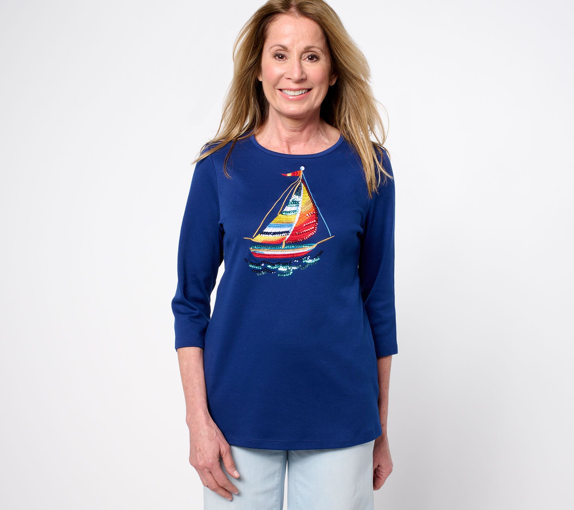Quacker Factory Gone Sailing Sequin 3/4 Sleeve Top
