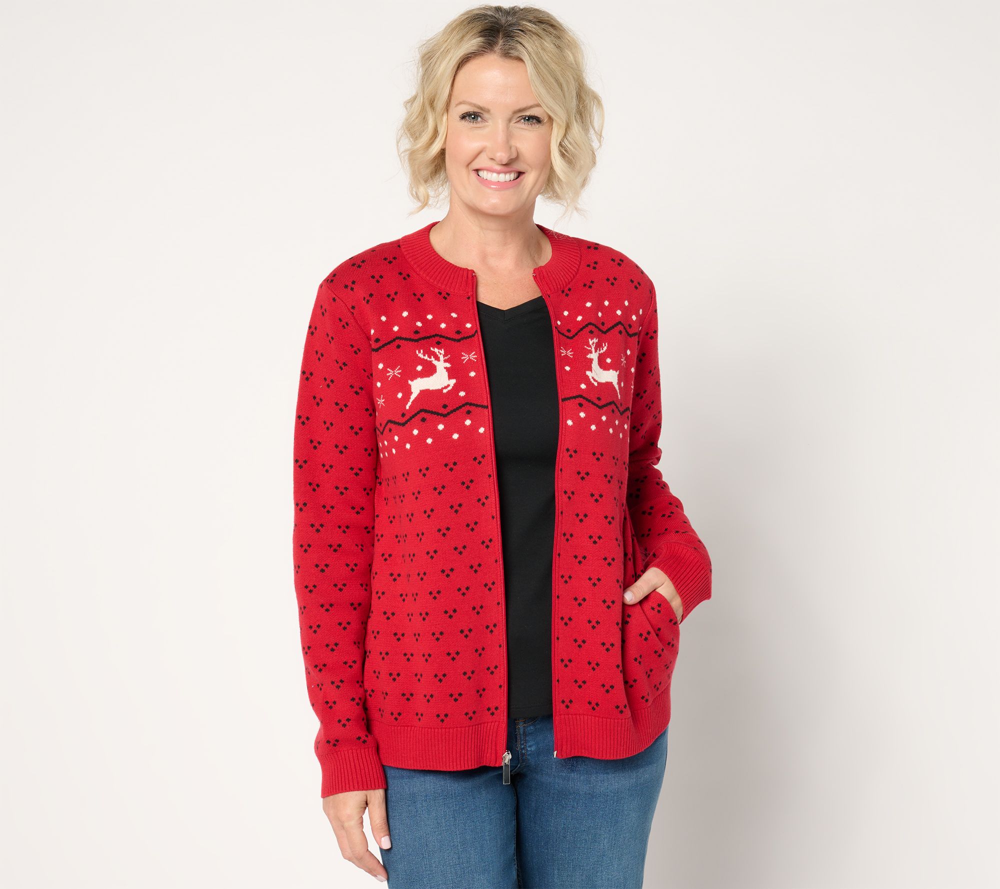 "As Is" Denim & Co. Archives Zip Front Placed Motif Cardigan