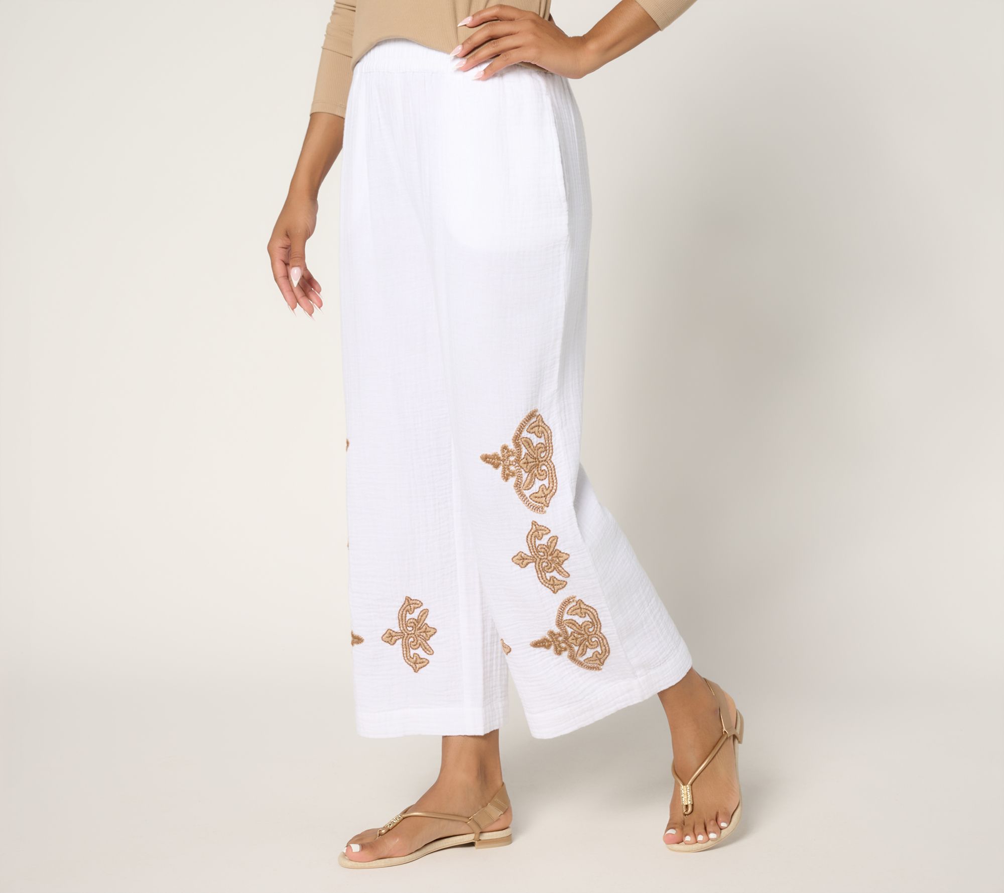 Susan Graver PURE Petite Getaway Gauze Embroidered Wide Leg Pants